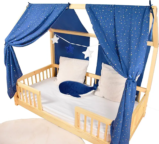 Toile de Lit Cabane 70x140 cm - Ciel de Lit en Coton Mousseline avec Guirlande Bleu Marine