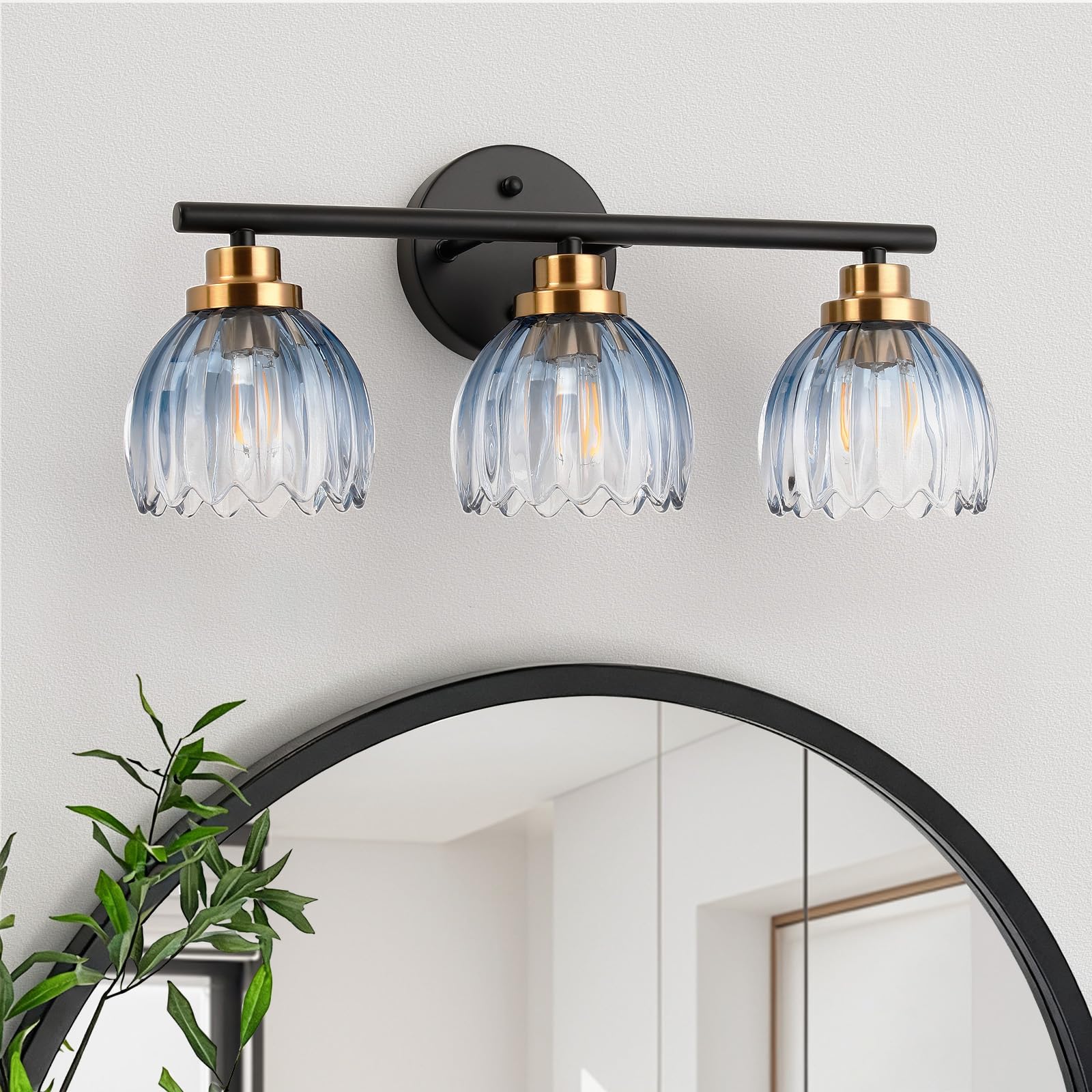 TALOYA Bathroom Vanity Light Fixtures 3-Light Modern Black and Gold Wall Lights Over Mirror with Gradient Blue Tulip