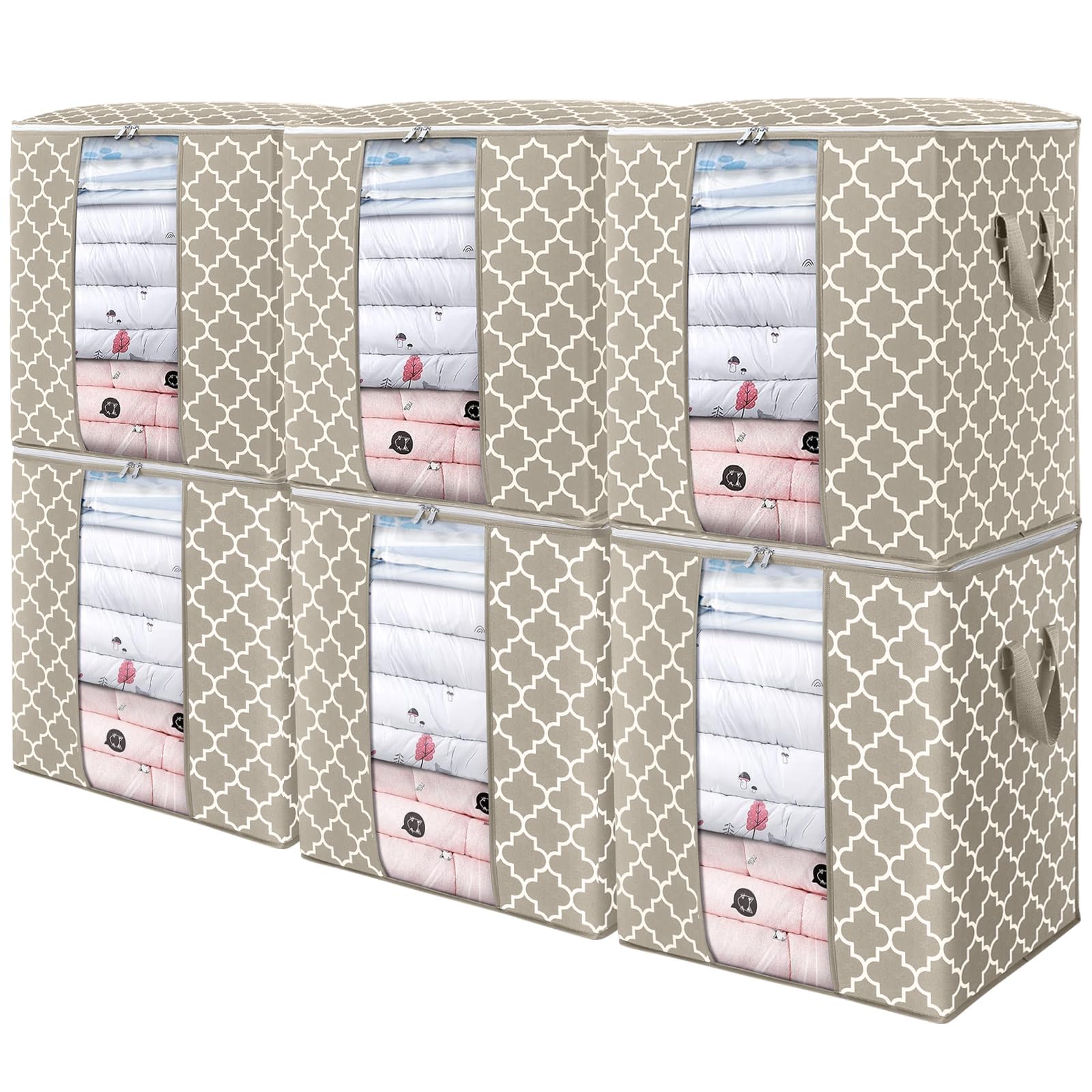WISELIFE Storage Bags 6 Pack/100L Large Blanket Clothes Organization and Storage Containers for Comforters,Bedding, Foldable Organizer with Reinforced Handle, Clear Window, Sturdy Zippers,Beige