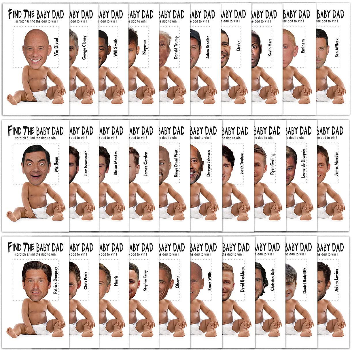 Gry na baby shower – Znajdź zdrapkę dla tatusia, artykuły do gier na baby shower – 36 kart (BA02-heiR)