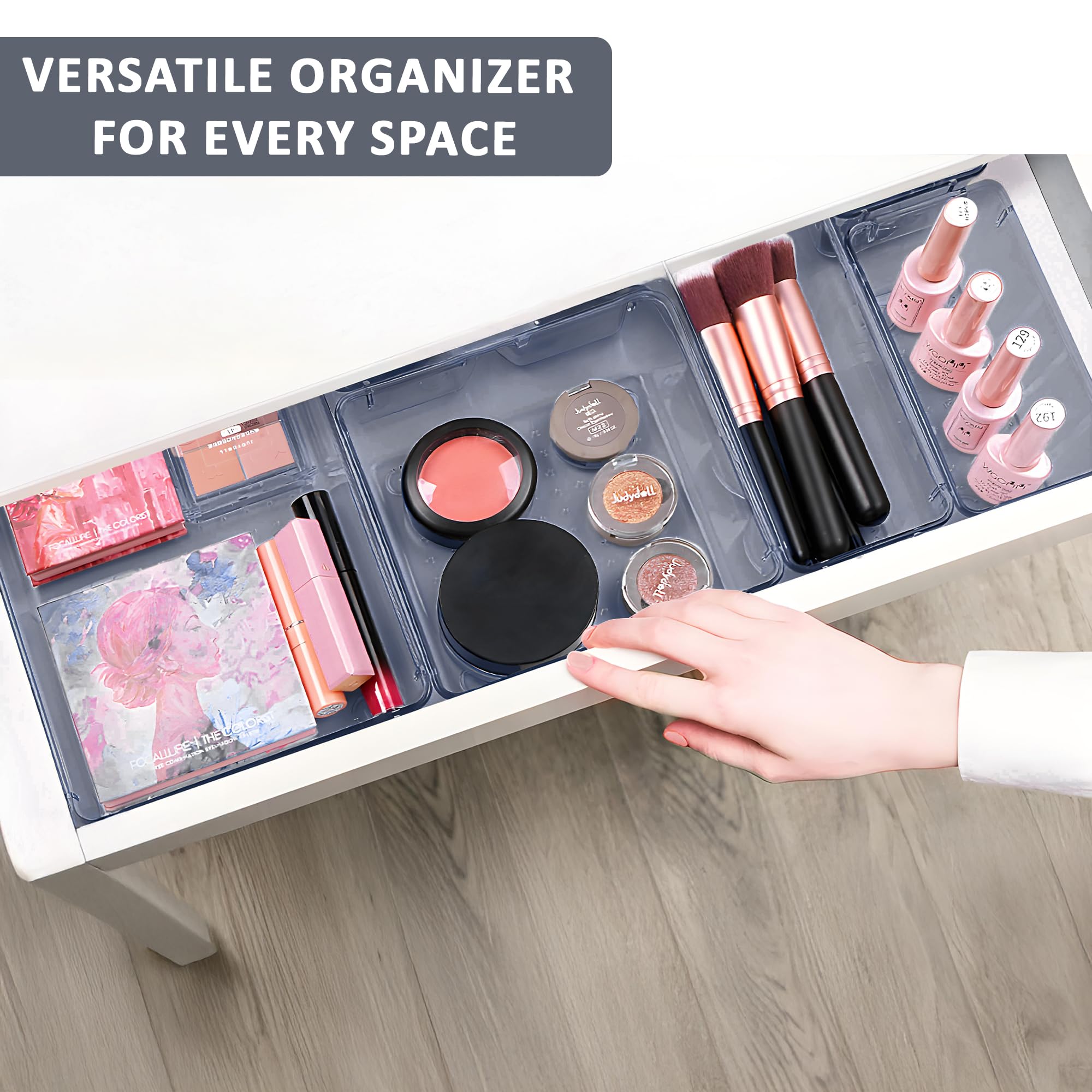 Kuber Industries 24 vassoi organizer per cosmetici in acrilico trasparente, organizer per cucina, ufficio e bagno, per trucchi, cancelleria, cassetto divisorio, nero