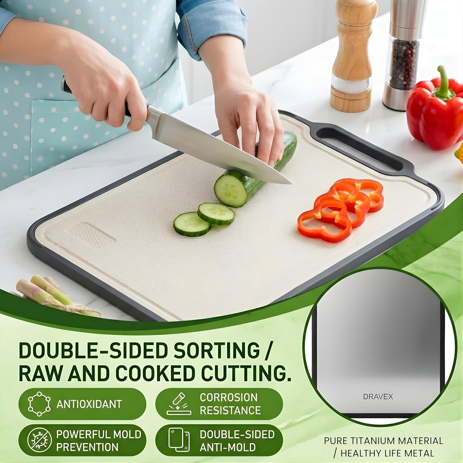 DRAVEX 100% Pure Titanium Cutting Board for Kitchen, Large 16"x10.5" | Double Sided Meat Cutting Boards Non Toxic, Food Grade Chopping Board, Dishwasher Safe, Scratch Resistant