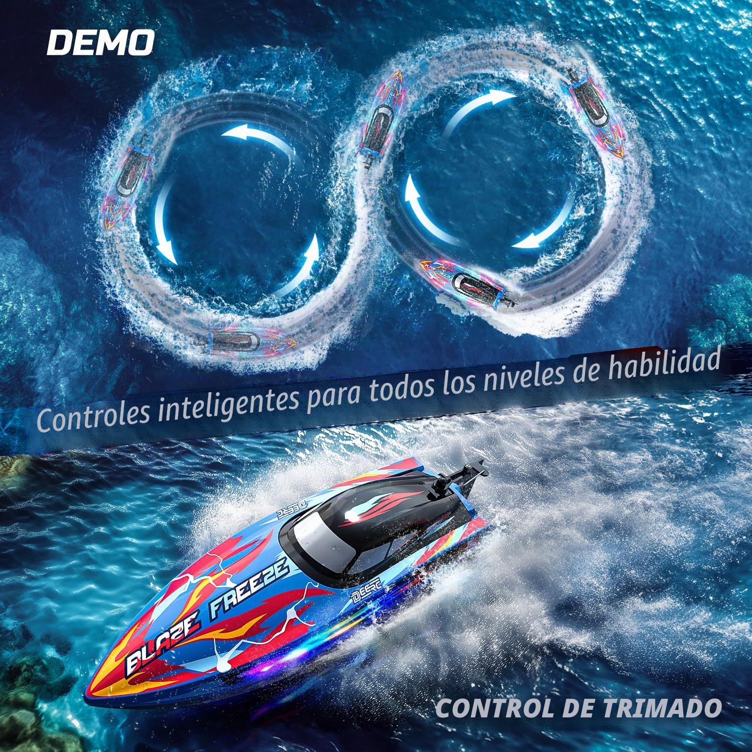 DEERC Barco Teledirigido Lancha rápida a Control Remoto para Piscina y Lago con luz LED, 20+mph, 40+ Mins, autoadrizable, para niños, Juguete acuático de Verano de 2,4 GHz