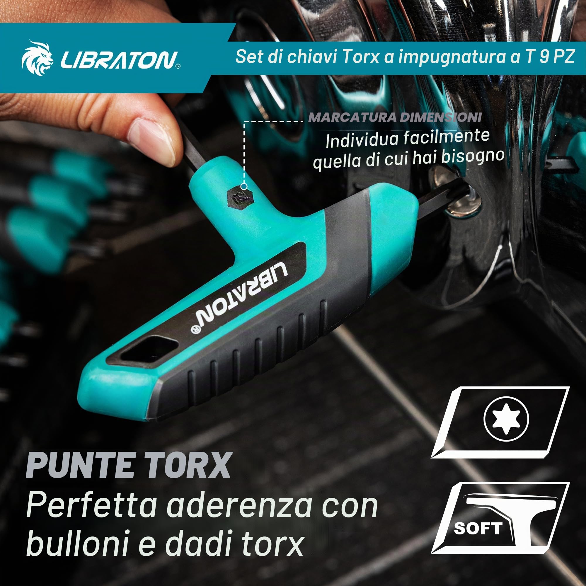 LIBRATON Set di chiavi Torx con manico a T, T10-T50, chiave a stella con impugnatura a T, design a due punte per viti Torx, set da 9 pezzi per fai da te, strumento di riparazione bici automatica con