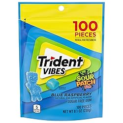 Trident Vibes SOUR PATCH KIDS Blue Raspberry Sugar Free Gum, Resealable Pouch, Pack of 1 (100 Pieces)