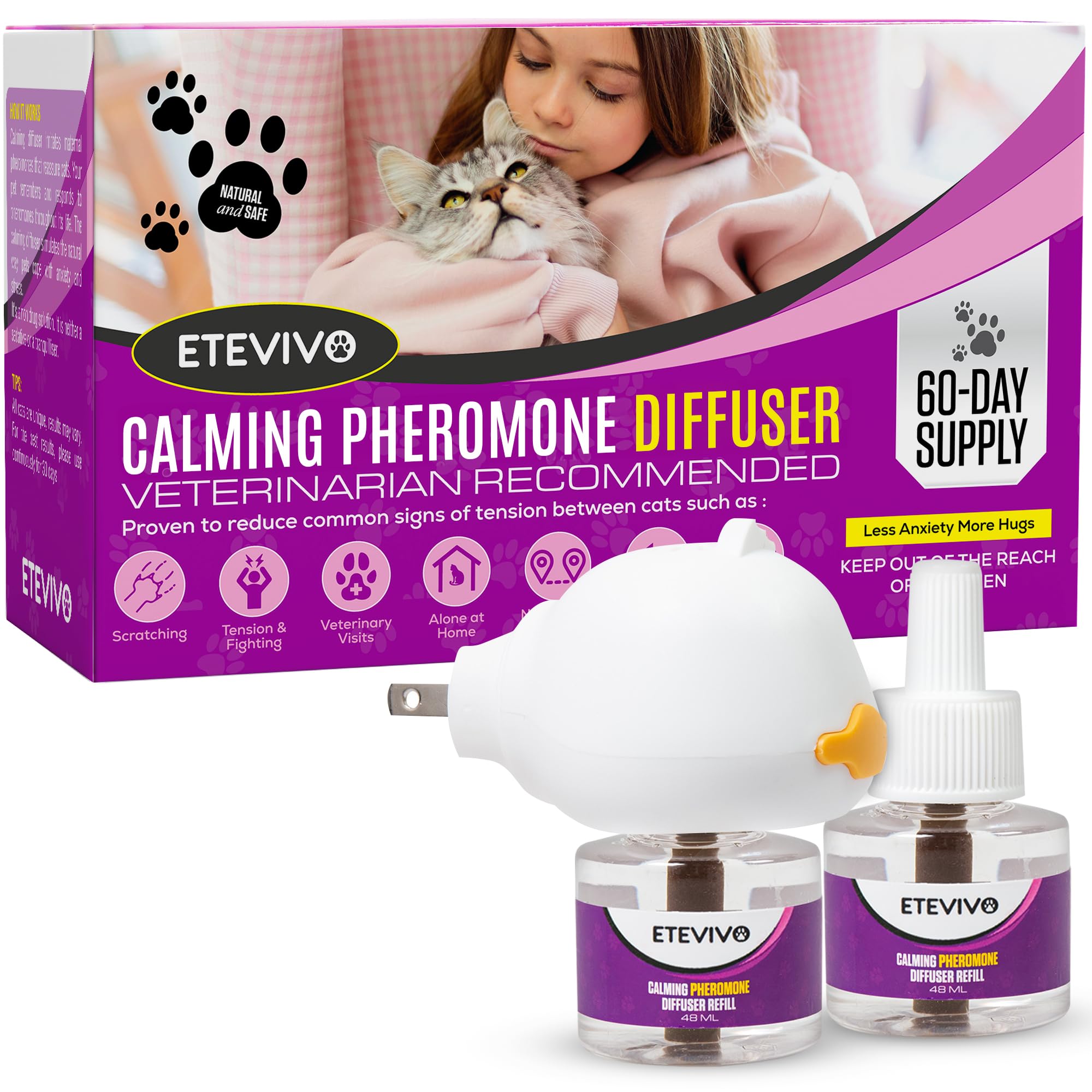 Cat Pheromones Calming Diffuser Cat Anxiety Relief Pheromones for Cats Promotes Well-Being & Comfort Cat Calming Diffuser with 2 Refills 60 Days Long Lasting Serenity