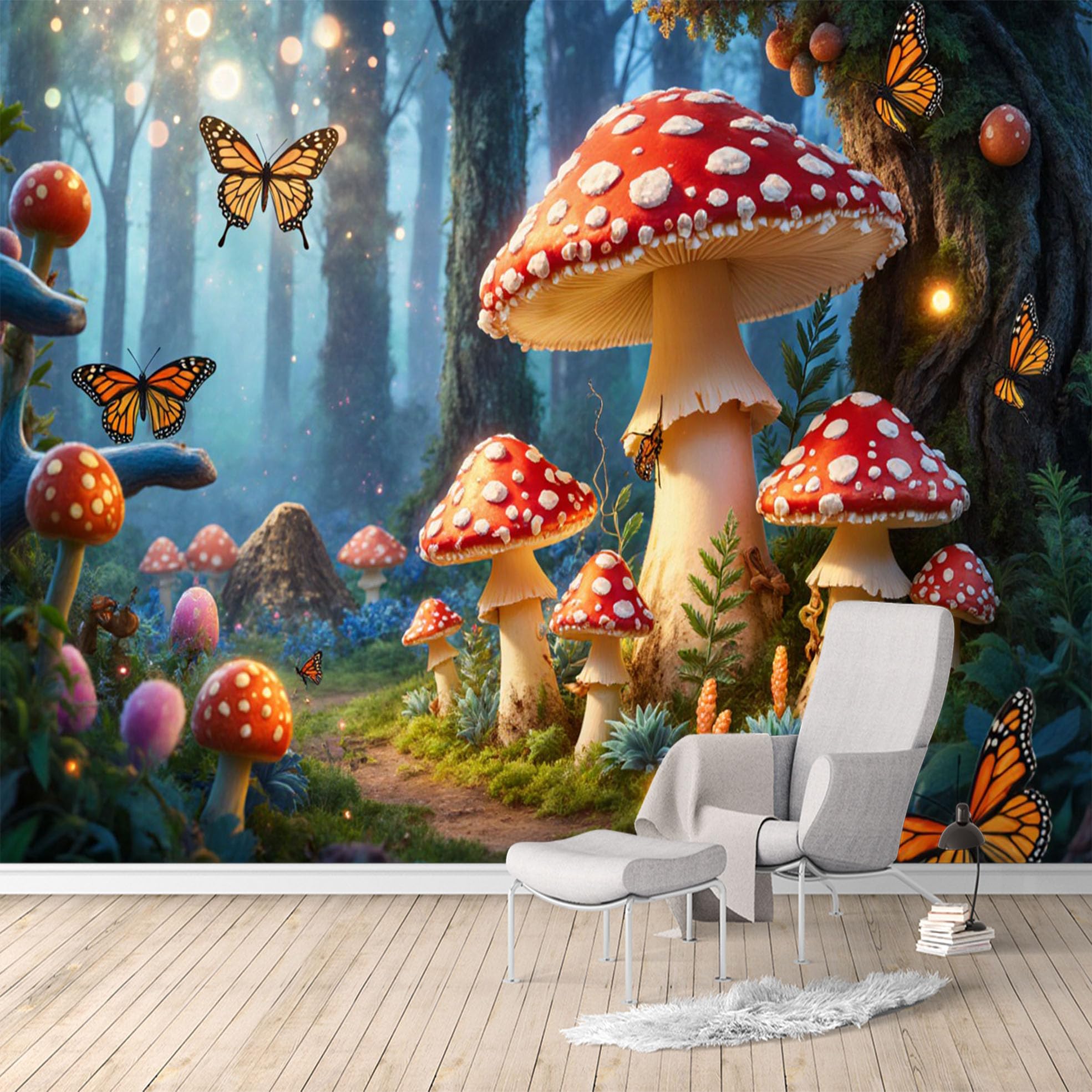 Custom Size Wall Murals, Enchanted Forest Mushroom & Butterfly Landscape, SelfAdhesive Water Activated Removable Wall Covering, Large Photo Wallpaper for Living Room Bedroom Office