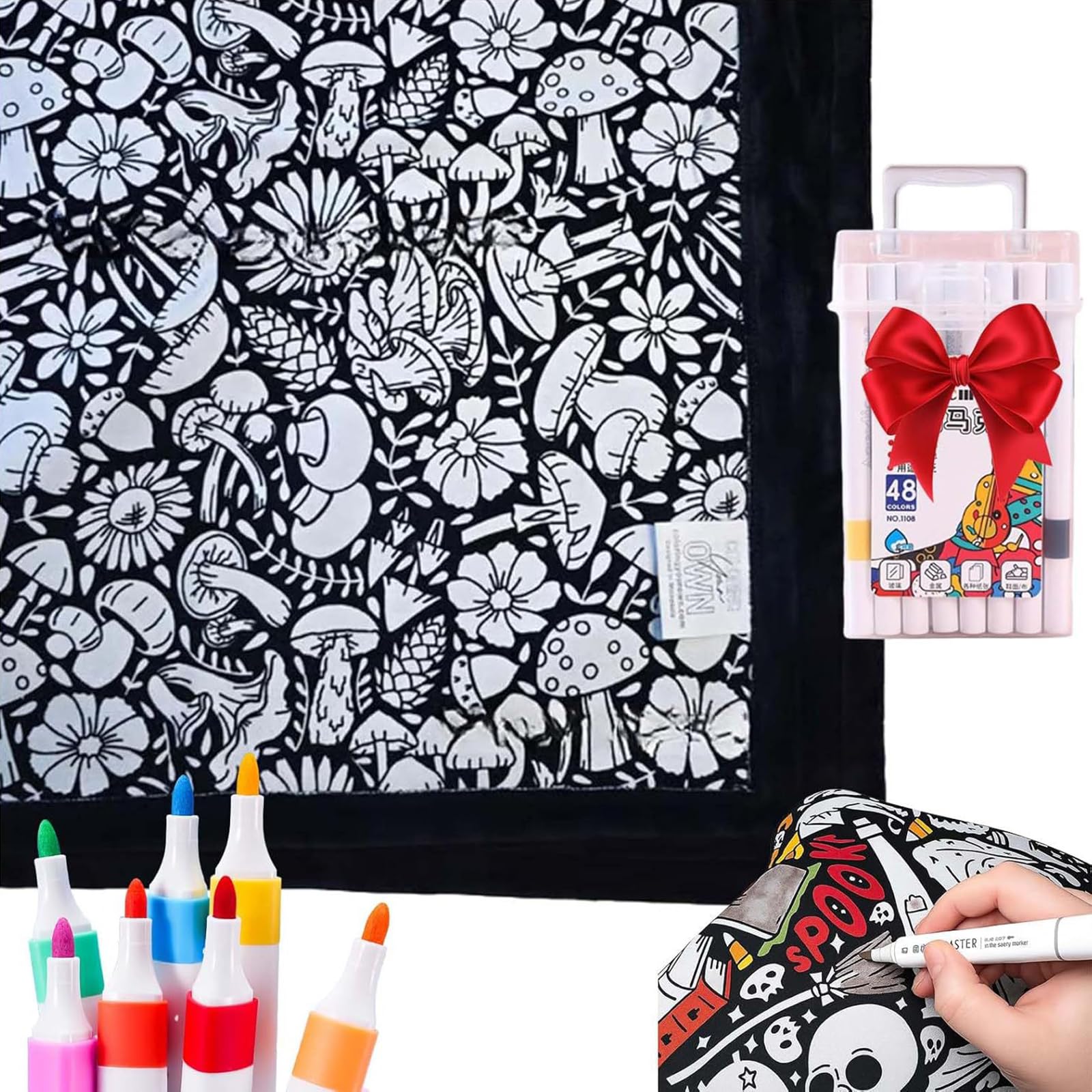 Okesyo Mushrooms Colouring Blanket For Adults, Diy Coloring Blanket With 24Pcs Markers, Color Your Own Throw Blanket For Adults, Personalized Comfortable Home Decoration, Washable And Recolorable