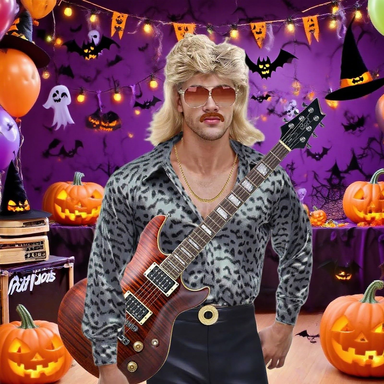Vokuhila Perücke Herren, 70 80er 90er Jahre Outfit Accessoires, Blond Vokuhila Frisur Perücke mit Bart Brille Halskette, Männer Faschingskostüme für Karneval Halloween Cosplay Rocker Party