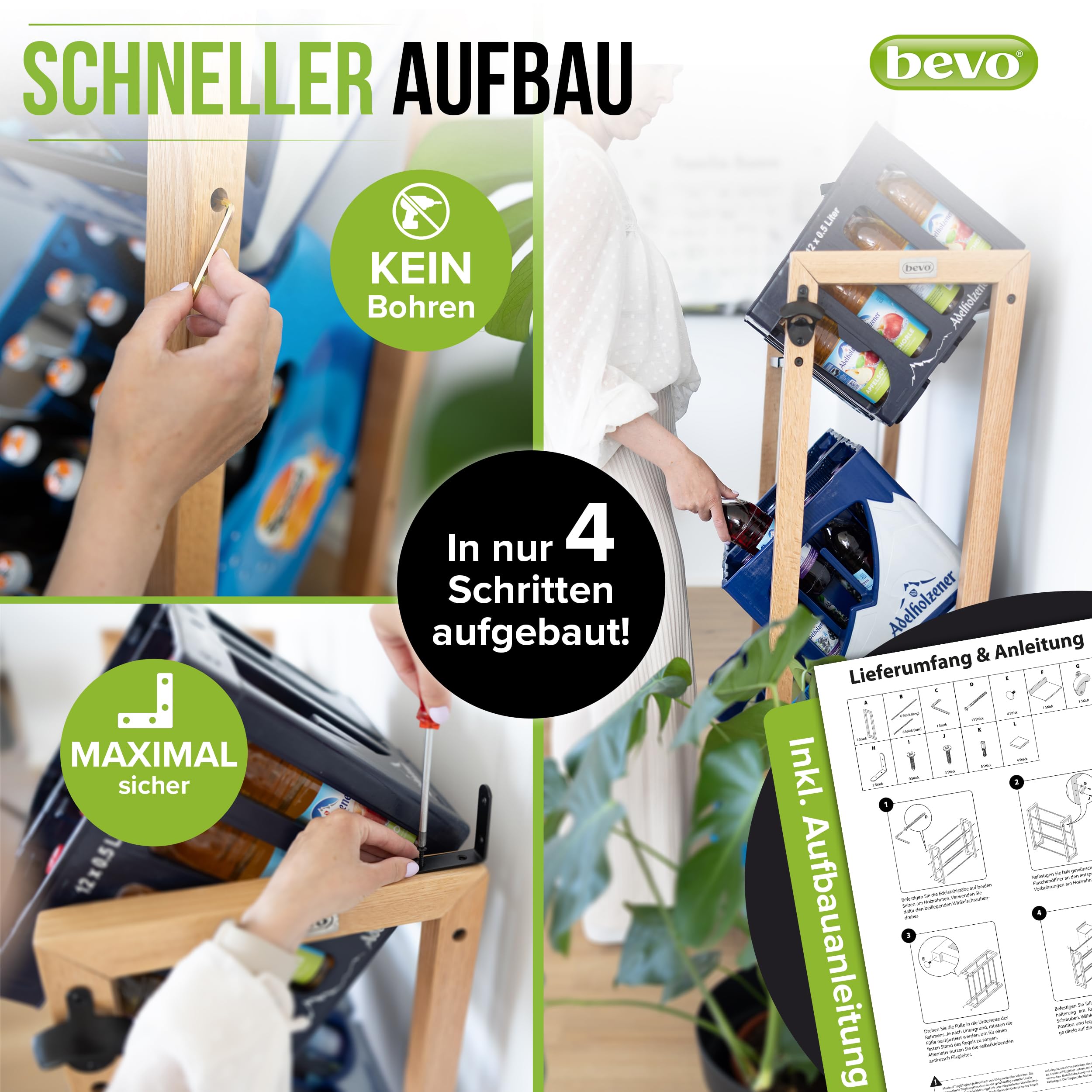 bevo - Getränkekistenregal für 2-6 Kisten aus Eiche Holz inkl. Metall-Ablage - Getränkeregal & Kistenregal mit 2 Stangenlängen (individuell verstellbar) - Getränkekisten Regal für Getränke & Kästen
