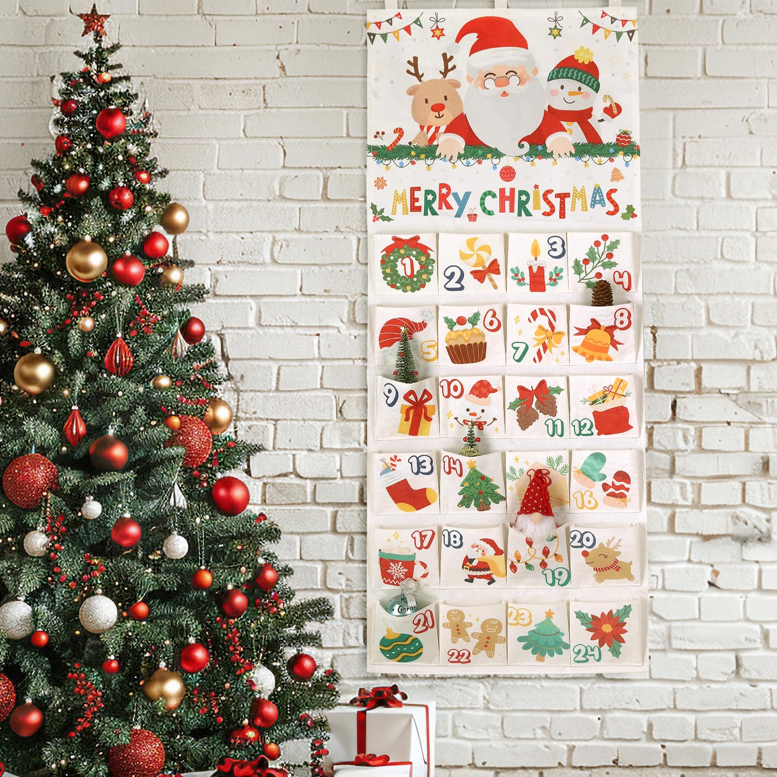 Naler Calendario dell'avvento 2025 in tessuto con 24 tasche, 50,8 x 119,4 cm, calendario dell'Avvento da appendere, calendario dell'Avvento vuoto da riempire, borsa riutilizzabile da appendere alla