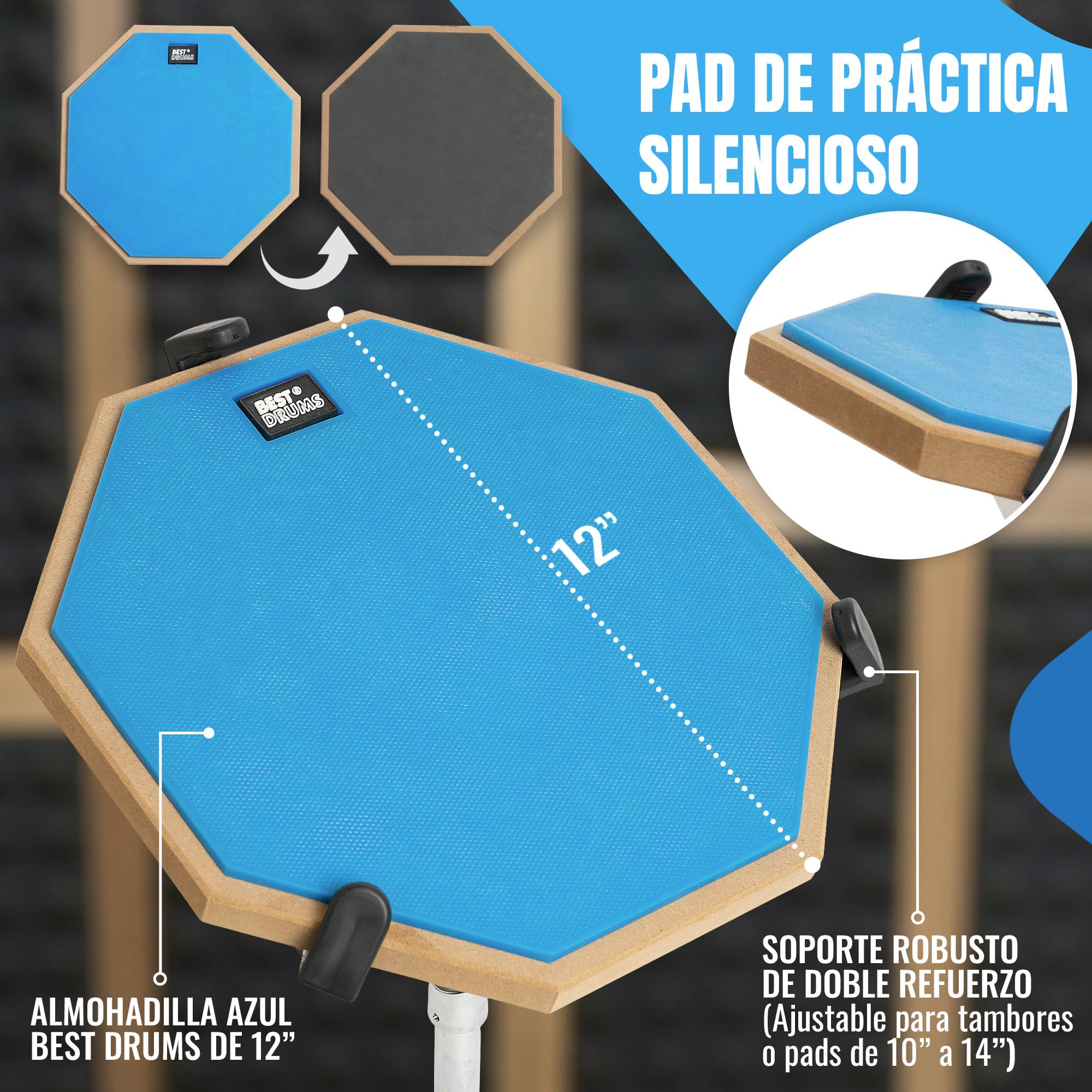 Pack Práctica Batería Silenciosa Completo – Drum Pad Alta Densidad + Soporte Ajustable + Pedal Bombo con Cadena + Pad Silenciador + Baquetas 5A | Entrenamiento en Casa