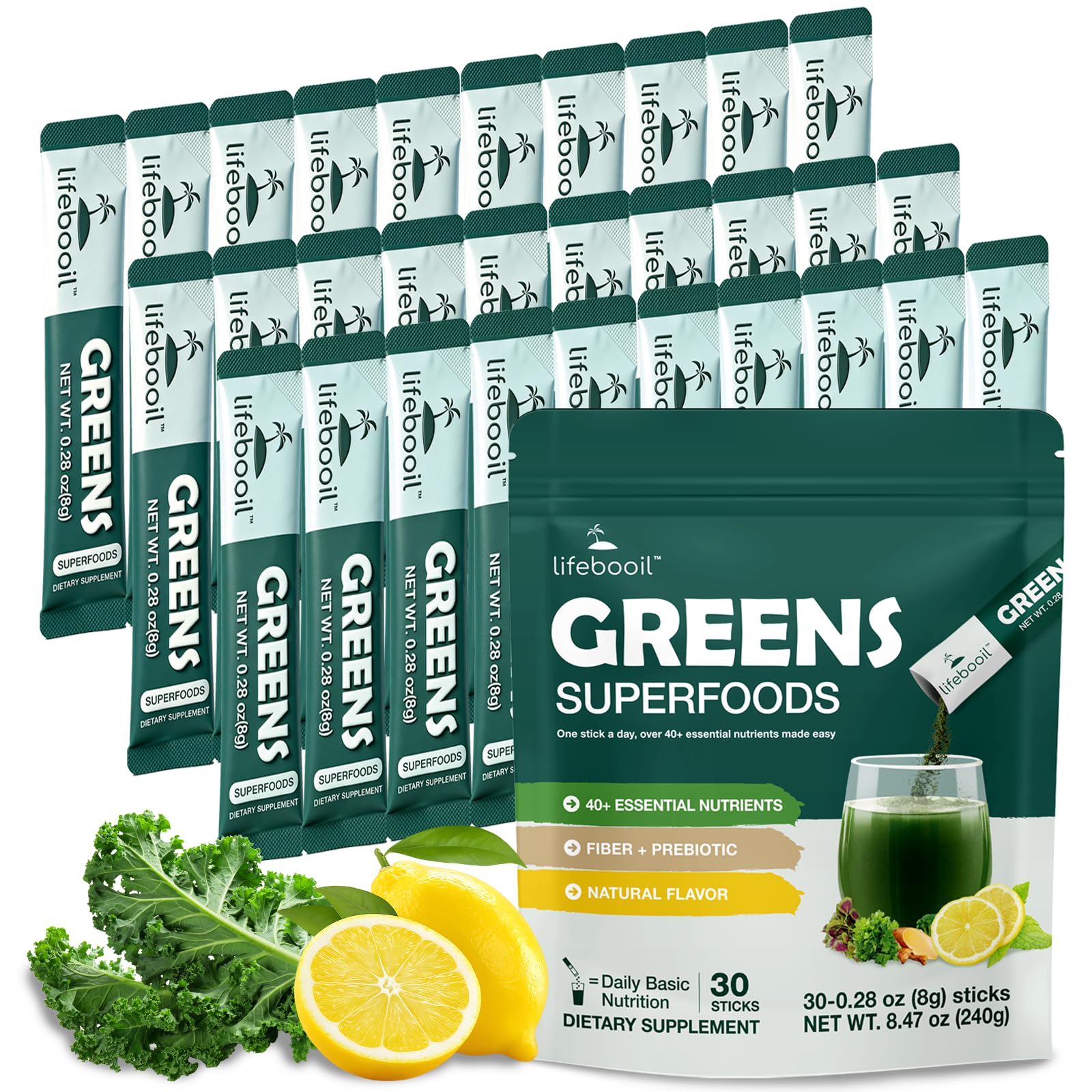 Super Greens Powder Stick Packs with 40+ Superfoods, 30 Packets
