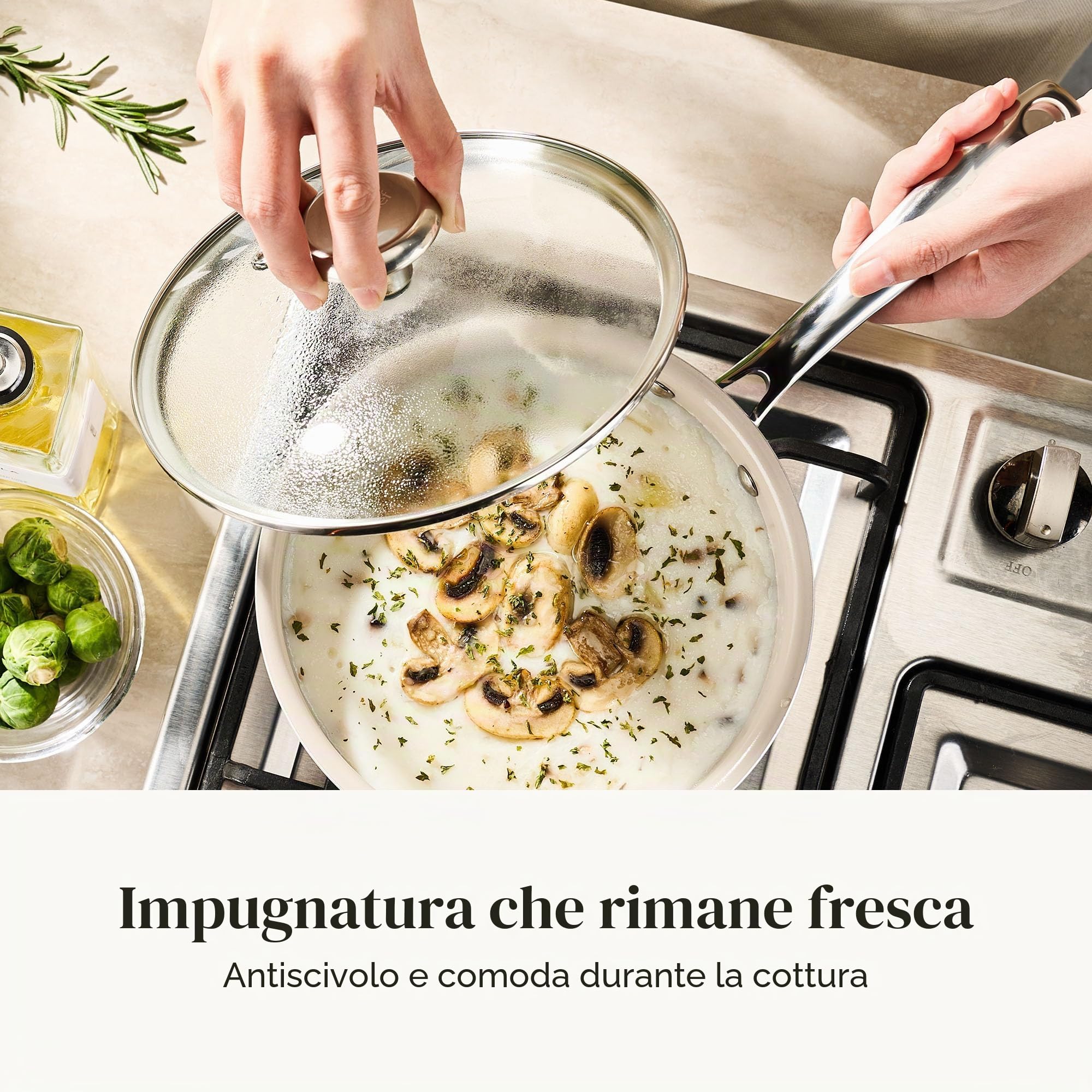 Redchef Set di pentole in ceramica 6 pezzi, compatibile induzione con coperchi in vetro, pentola 24 cm, casseruole 18/20 cm, adatto a tutti i piani cottura e forno, colore Beige