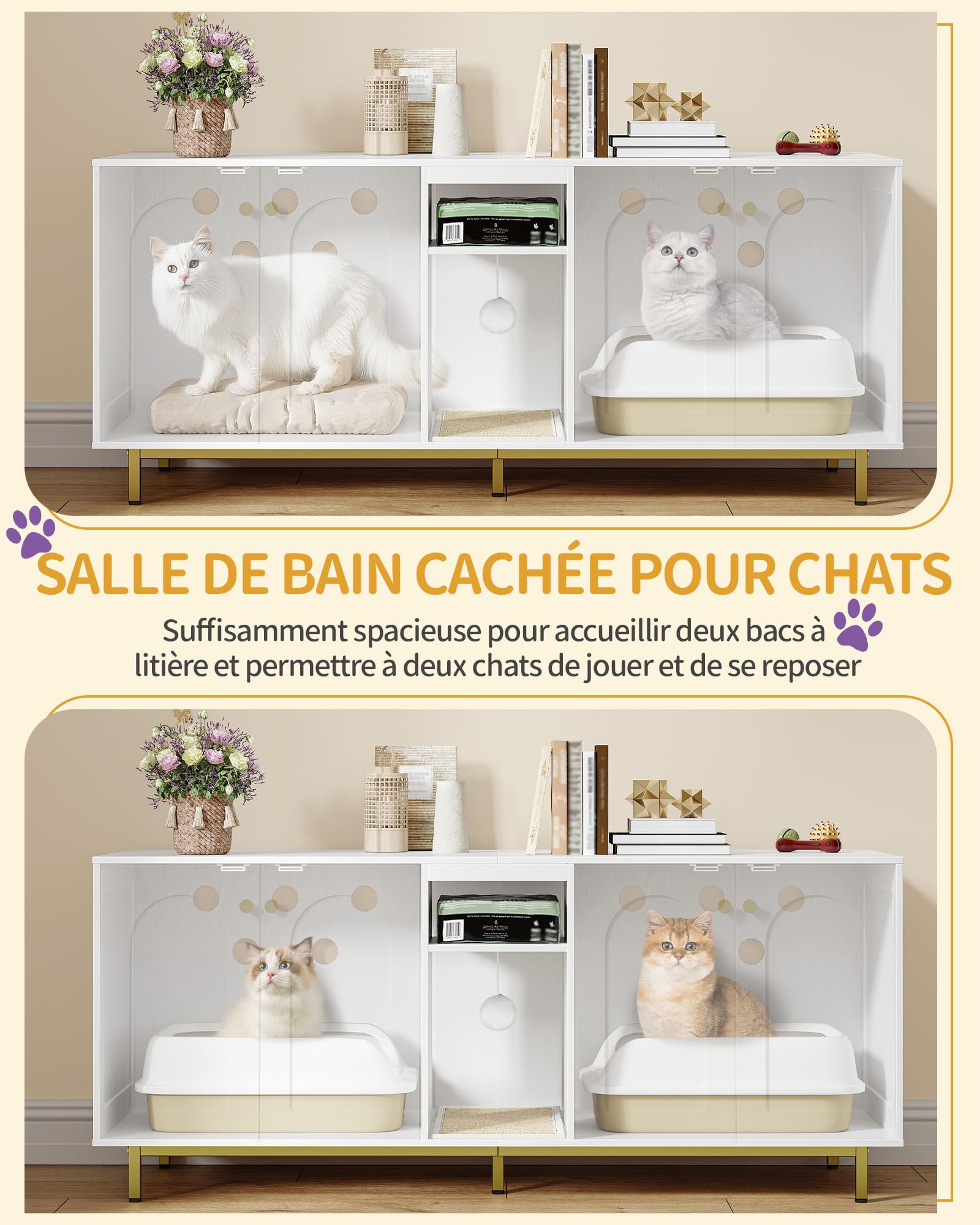 Hzuaneri Meuble Litiere pour 2 Chats, 140cm Meuble Litiere Chat, Blanc Or | Maison Cachée pour Chat avec Chambres Doubles, Espace de Rangement, Balle en Peluche, 140 x 48 x 62 CM, Blanc et Or CB86513A