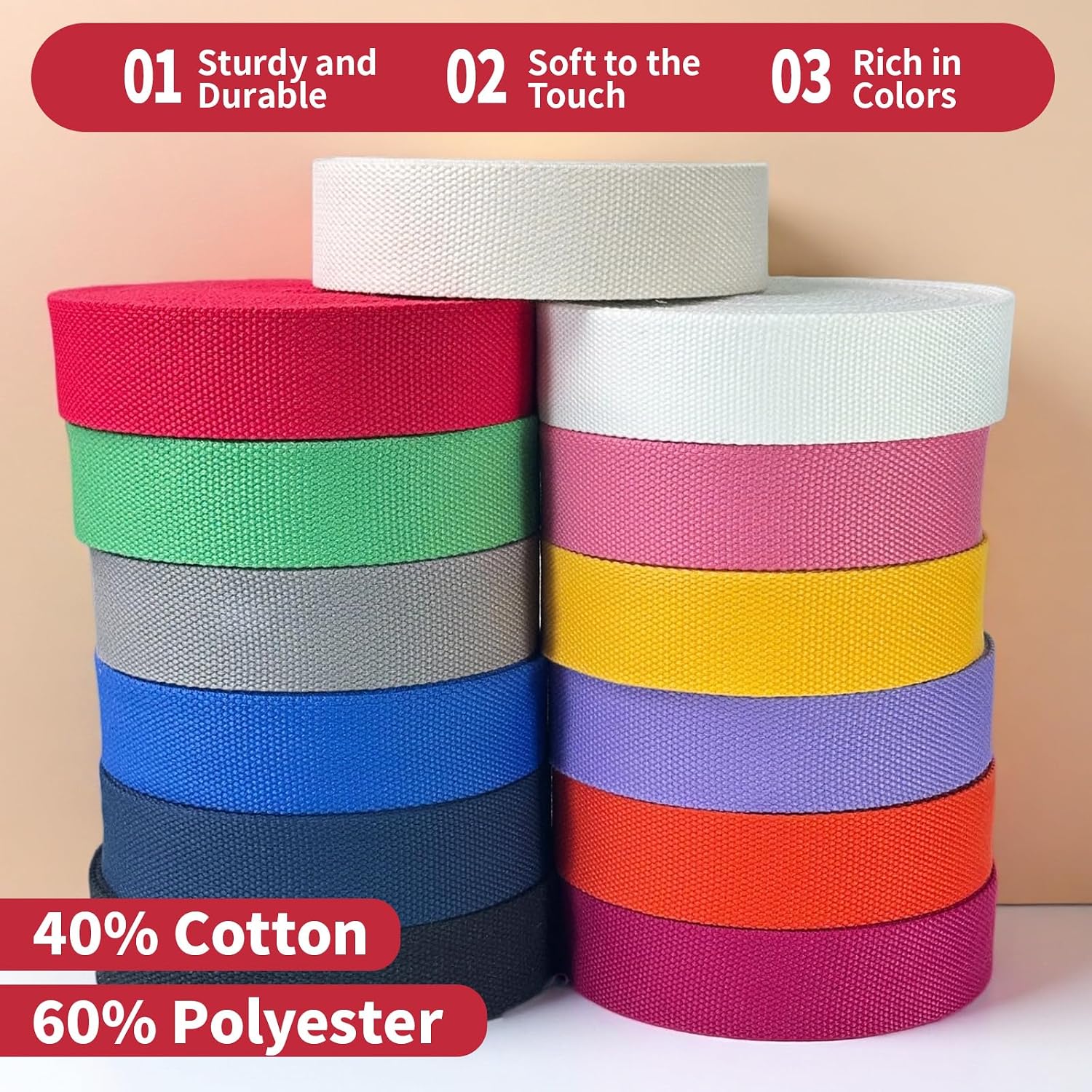 1.5 Inch x 20 Yards Heavy Cotton Webbing Straps – High Density Plain Weave for DIY Tote Bag Handles, Pet Collars, Backpack Straps, Belt & Outdoor Craft Projects(Multi-Color)