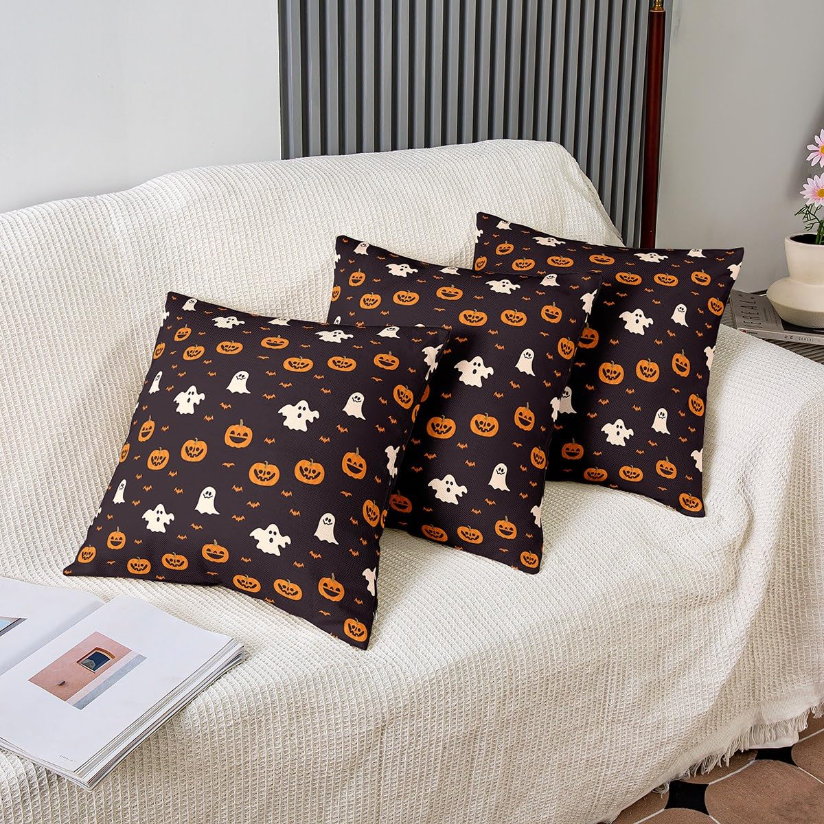 Loussiesd Set di 2 federe decorative per cuscini a forma di zucca, 60 x 60 cm, morbide federe decorative per Halloween, motivo: zucca, lanterna, federe per cuscini fantasma