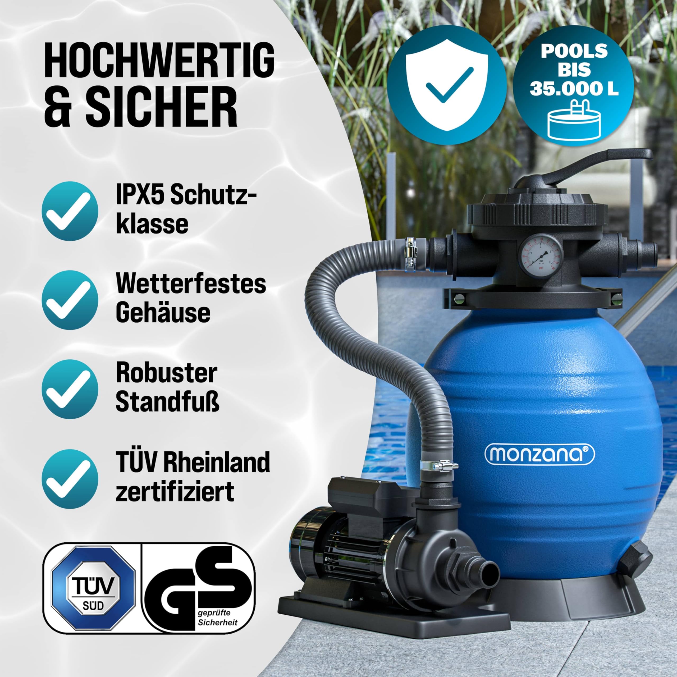 MONZANA® Sandfilteranlage SF102K 10.200 l/h bis 35.000L Pool inkl Filterbällen 7 Wege Ventil 2in1 Adapter Ø32-38mm 400W Filteranlage Pumpe Filterkessel