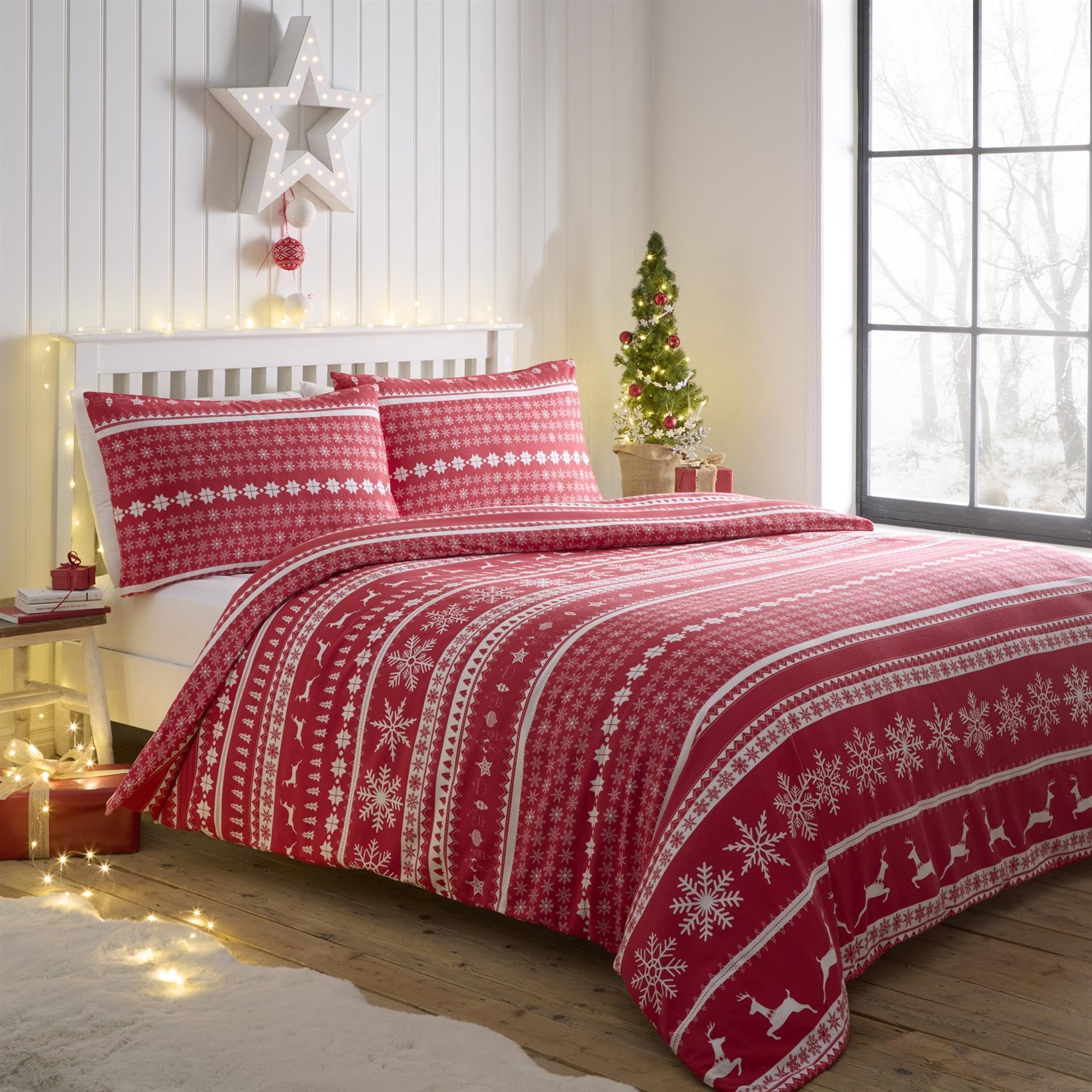 Nordic Stripe Duvet Cover Flannelette Brush Cotton Quilt Bedding Set Double Red