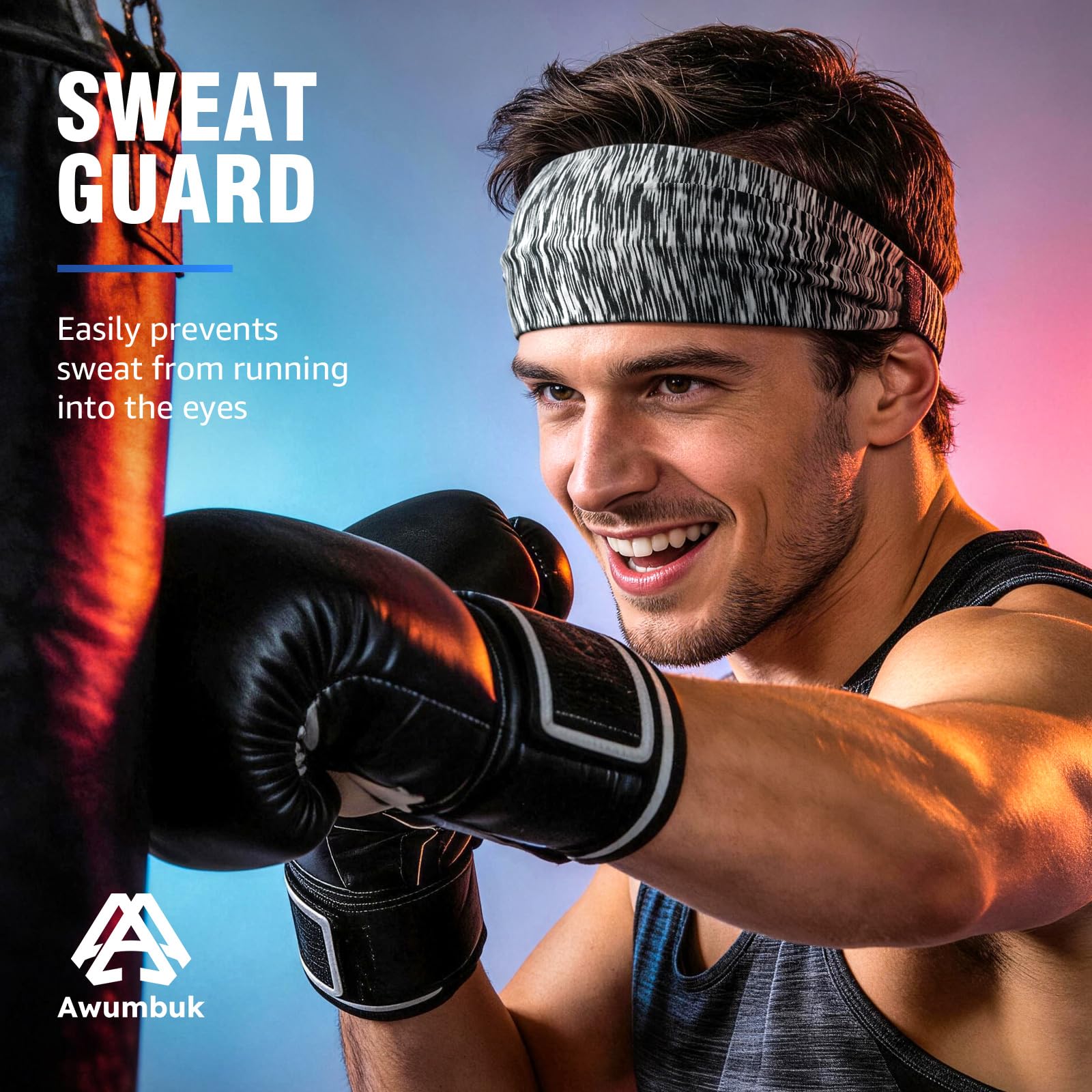 AWUMBUK Sportowa opaska na czoło dla mężczyzn, 5 sztuk, rozciągliwa opaska na włosy, absorpcja potu, oddychająca, nadaje się do ćwiczeń, fitnessu, biegania