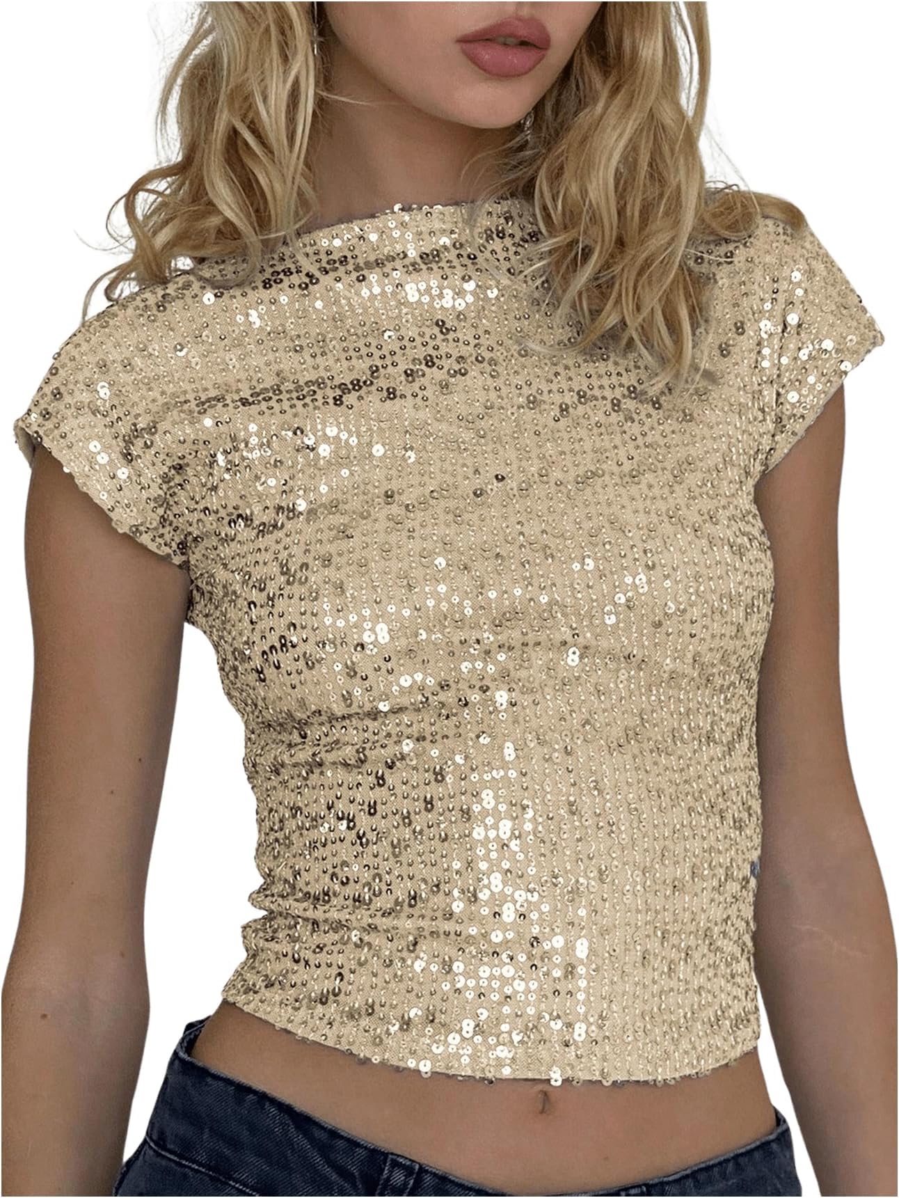 WDIRARAWomen's Sequin Boat Neck Shirts Sparkle Glitter Backless Tee Cap Sleeve Crop Tops