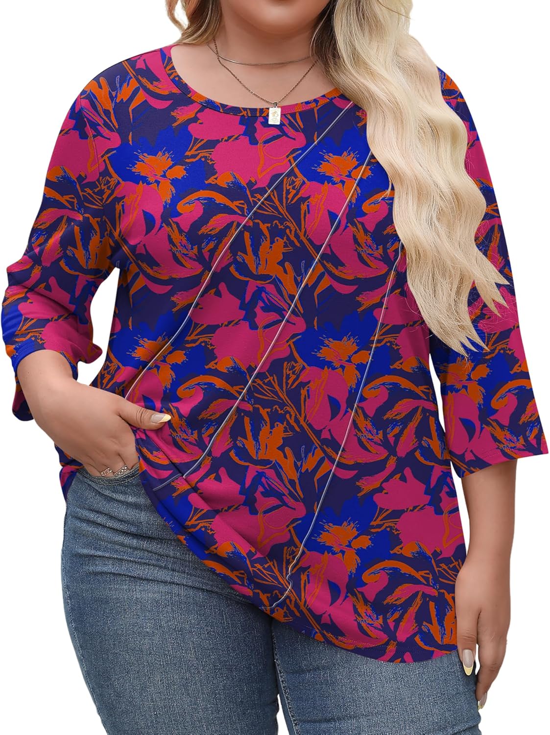 LOMON Womens Plus Size Tops 3/4 Length Sleeve Womens Tops Pleated Crewneck Fall Shirts Summer Blouses 2026 (1X-5X) - Image 2