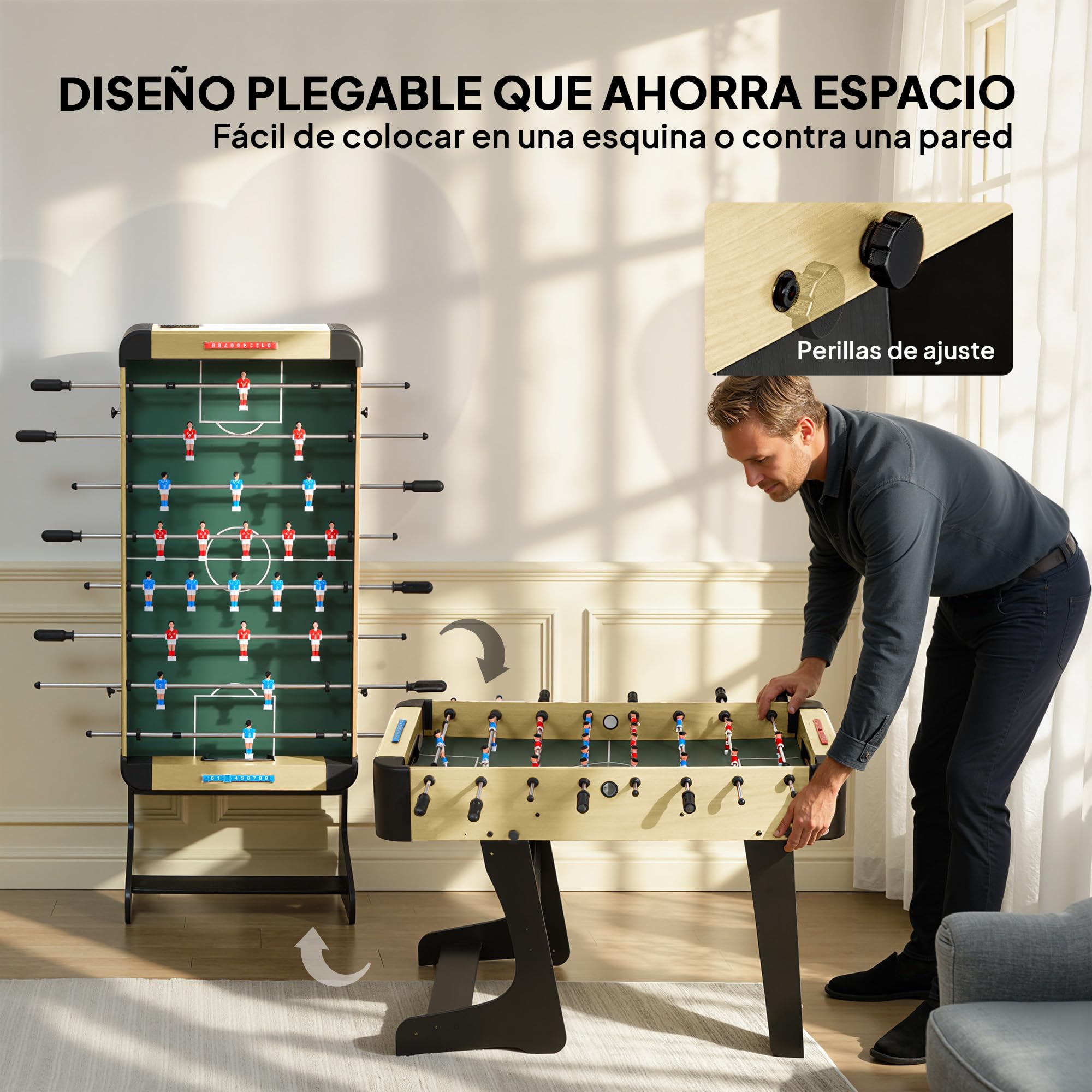 SPORTNOW Futbolín para Niños Plegable, Mesa de Futbolín de Madera con 2 Marcadores, 8 Asas, 22 Jugadores, 8 Barras y 2 Bolas, para 2 a 4 Personas, Adultos, Familias, Fiestas, 118x107,5x78 cm, Natural