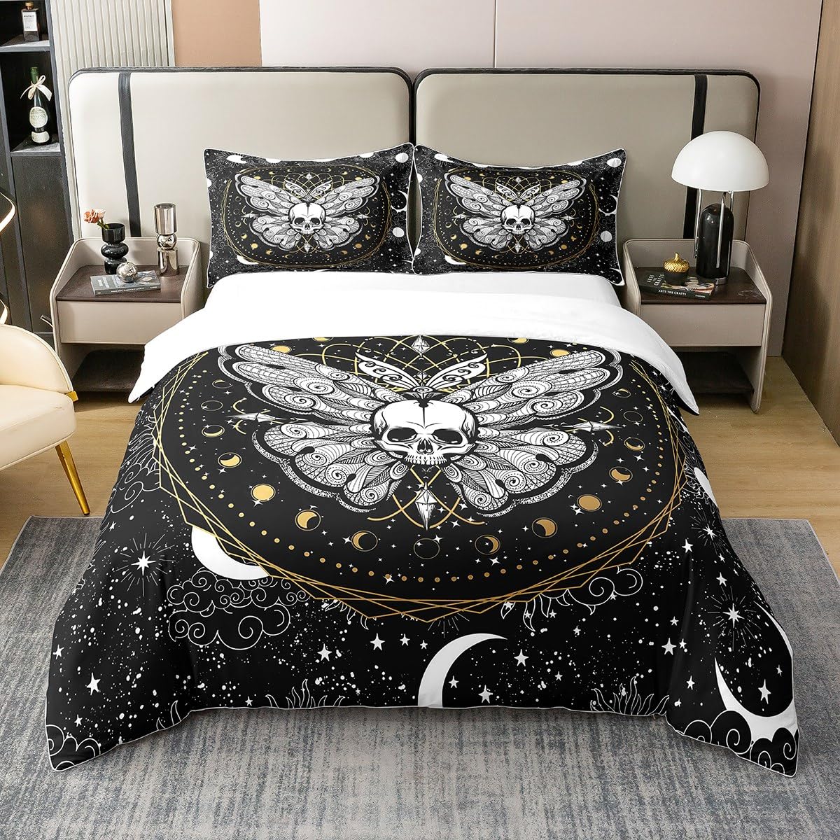 Homewish Death Moth Cotton Bedding Sets King for Girls Boys Child,Boho Gothic Skull Duvet Cover,Golden Sun Moon Comforter Cover,Bohemian Style Galaxy 100% Cotton Set,Star Cloud Print Quilt Cover — image 1
