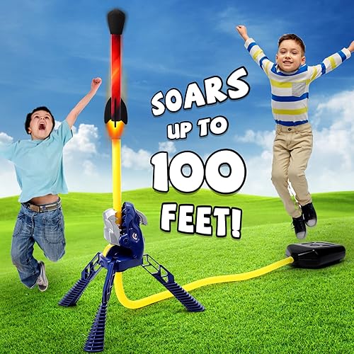 Miniatura 2 de Acekid Lanzador de cohetes para niños, lanzador de dinosaurios ajustable ángulo de lanzamiento con 3 cohetes LED de lanzamiento de hasta 100 pies