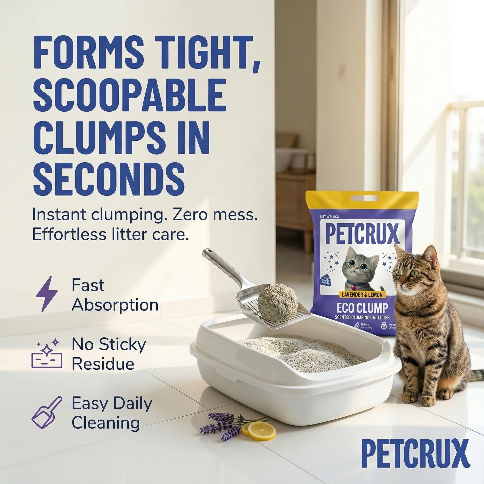 PetCrux Eco Clump Cat Litter 5kg, 2 Packs of 5kg, Lavender & Lemon Scented, 100% Natural Bentonite Clay, 99% Dust-Free, Low-Tracking, Rapid Clumping & Odour Lock, for All Breeds 1