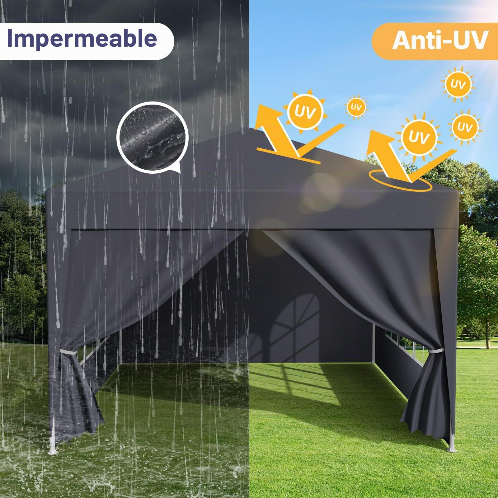 Carpa impermeable de 3 x 6 m, para jardín, sistema de conexión, varillas de metal, para fiestas, camping, fiestas, lonas de polietileno, con paredes laterales, ganchos para tierra, protección UV