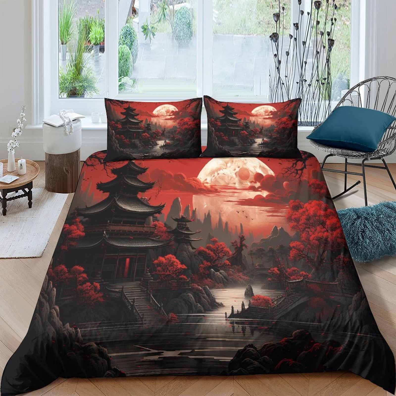 Ctjqhvkz Style-7 3D Printed Red Japanese Pagoda Fitted Sheet Microfiber Scenic Moon Bed Sheet For Bedroom Guest Room Decor Single（135X200cm）