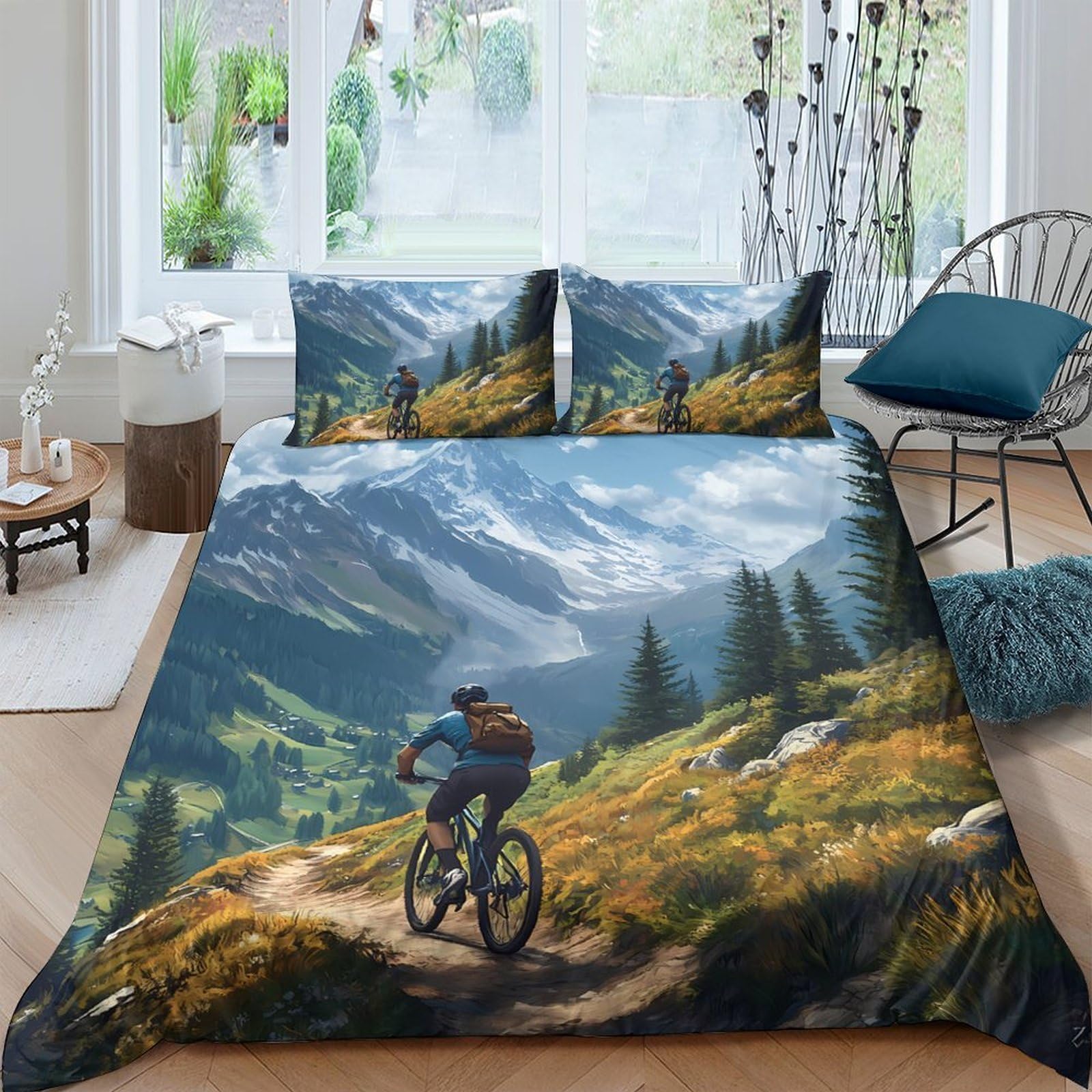 Ctjqhvkz Style-8 3D Printed Mountain Landscape Fitted Sheet Microfiber Scenic Cycling Bed Sheet For Bedroom Guest Room Decor Easy Care Single（135X200cm）