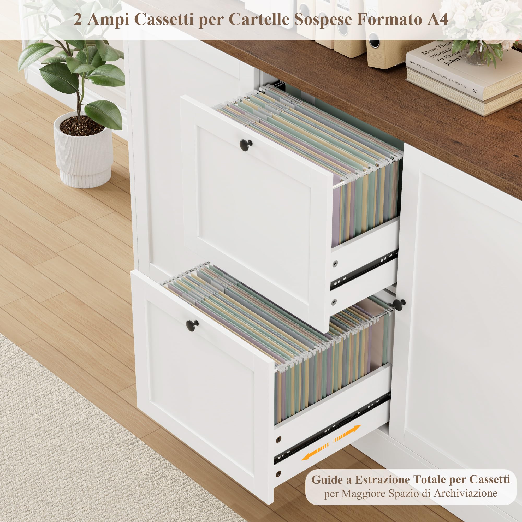 FirFurd Libreria Verticale con Presa di Corrente, Schedario da Ufficio a Ripiani Regolabili, Libreria da Parete a Ampio Piano di Lavoro, Cassettiera per Cartelle Sospese,116x40x182 cm (Bianco)