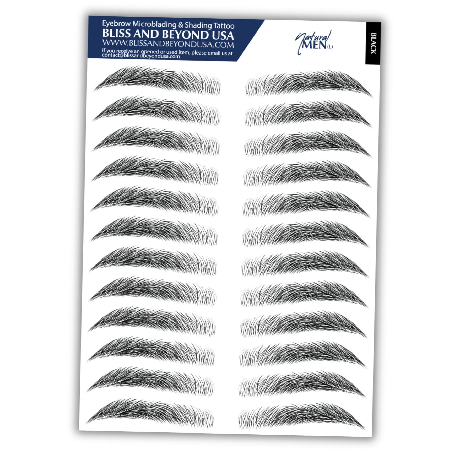 Bliss and Beyond USA | Men Waterproof Eyebrow Tattoo Stickers. A real hair stroke look. Hair replacement without surgery. Solution for hair loss. Tinted eyebrow tattoos. (MEN) (Black, Large)