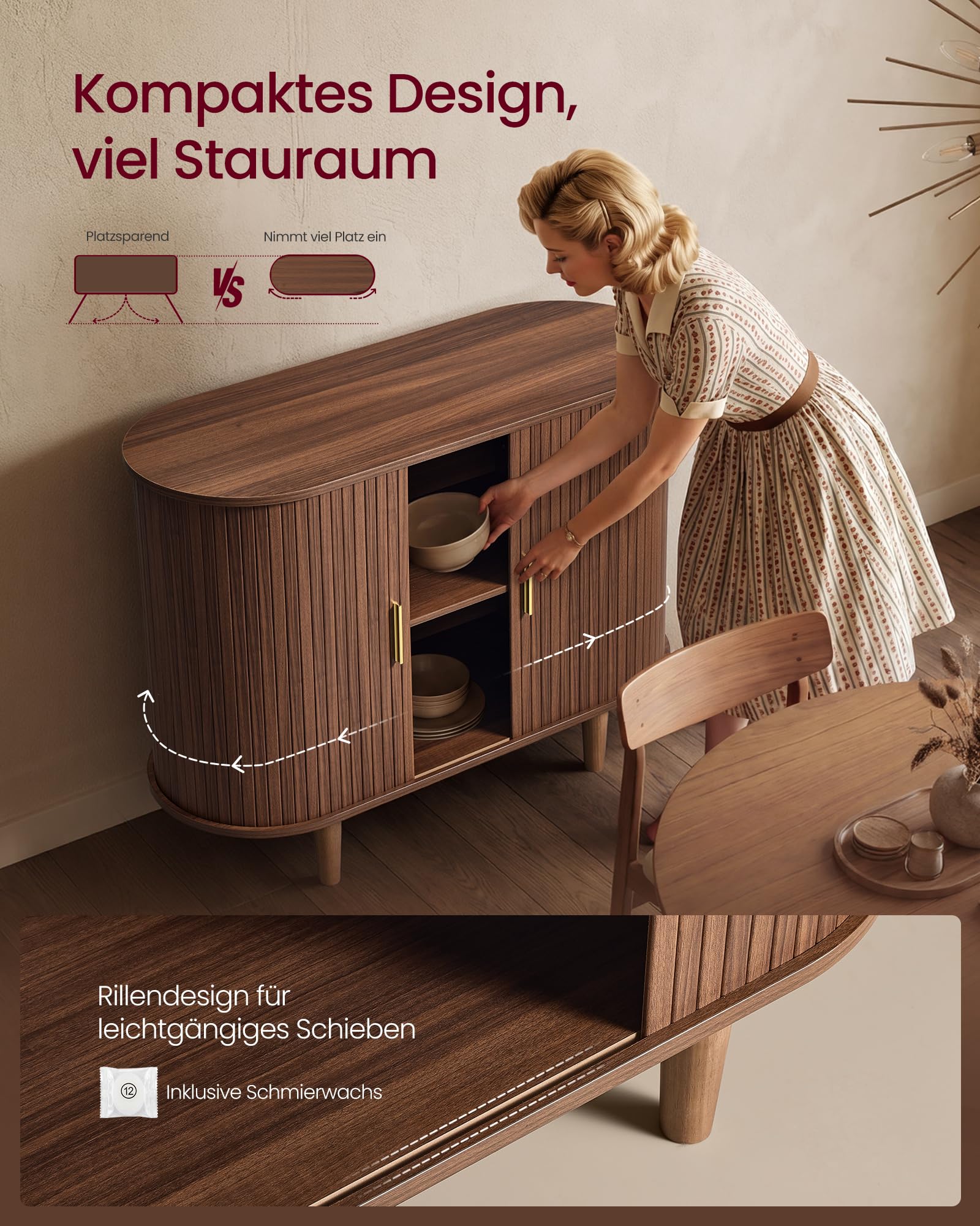 VASAGLE Sideboard mit Schiebetüren, Aufbewahrungsschrank aus Holz, Verstellbare Einlegeböden, 100 x 40 x 75 cm, Kastanienbraun, für Wohnzimmer und Esszimmer, Miriana Kollektion LSC621KX01