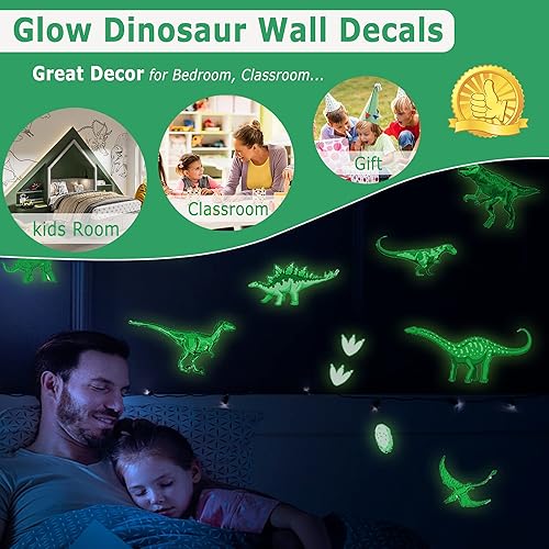 Miniatura 2 de Calcomanías de pared de dinosaurio que brillan en la oscuridad, calcomanías de pared de dinosaurios brillantes autoadhesivas para techo, calcomanías