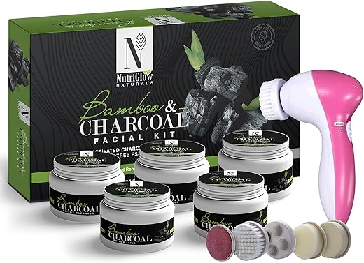 NutriGlow NATURAL’S Bamboo & Charcoal Facial Kit With Tea Tree Oil For Deep Cleansing, 250gm + 10ml With Electric 5 In 1 Face Massager