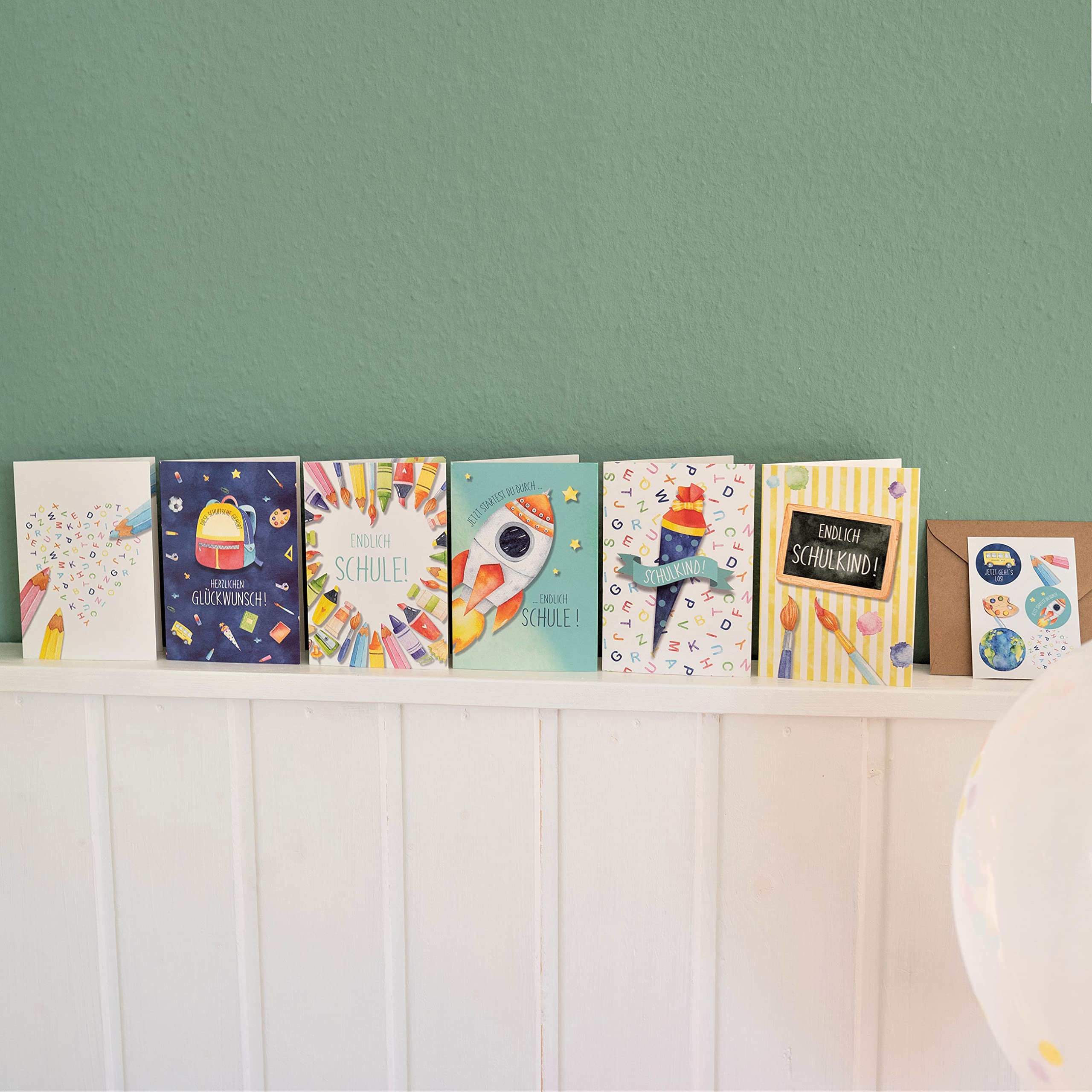 Papierdrachen 6 biglietti di auguri pieghevoli con busta e 6 adesivi per l'inizio della scuola, auguri per il bambino scolastico, biglietti di auguri per l'inizio della scuola, set da 4