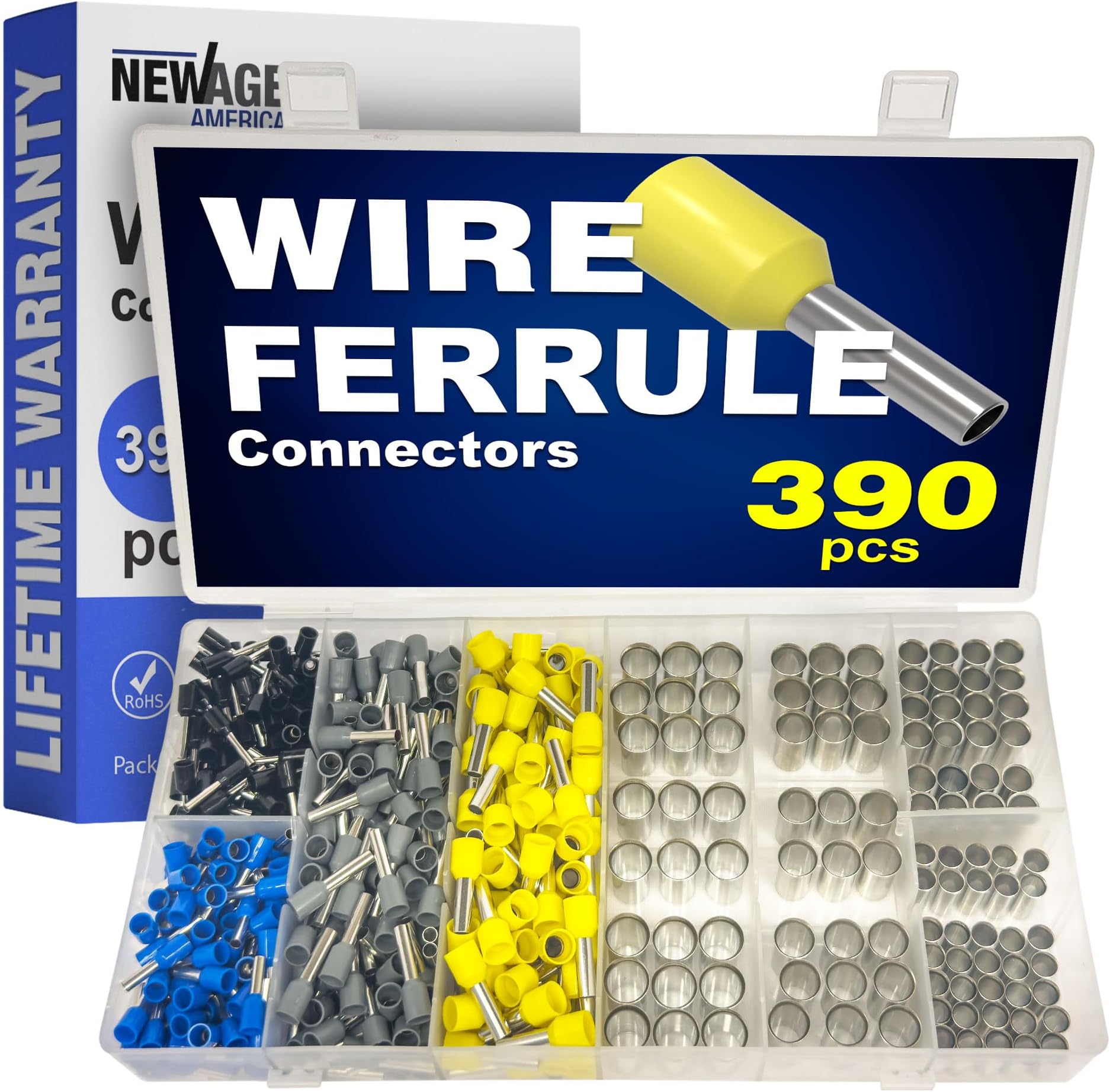 New Age Americaยฎ 390pcs Wire Ferrules Kit | AWG 16-2 | Copper & Nylon | Uninsulated & Insulated Cord Pin End Terminal | Wire Ends Terminal Kit | AWG 16, 14, 12, 10, 8, 6, 4, 2 | Crimp Connectors