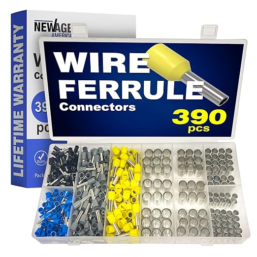 New Age America® 390pcs Wire Ferrules Kit | AWG 16-2 | Copper & Nylon | Uninsulated & Insulated Cord Pin End Terminal | Wire Ends Terminal Kit | AWG 16, 14, 12, 10, 8, 6, 4, 2 | Crimp Connectors