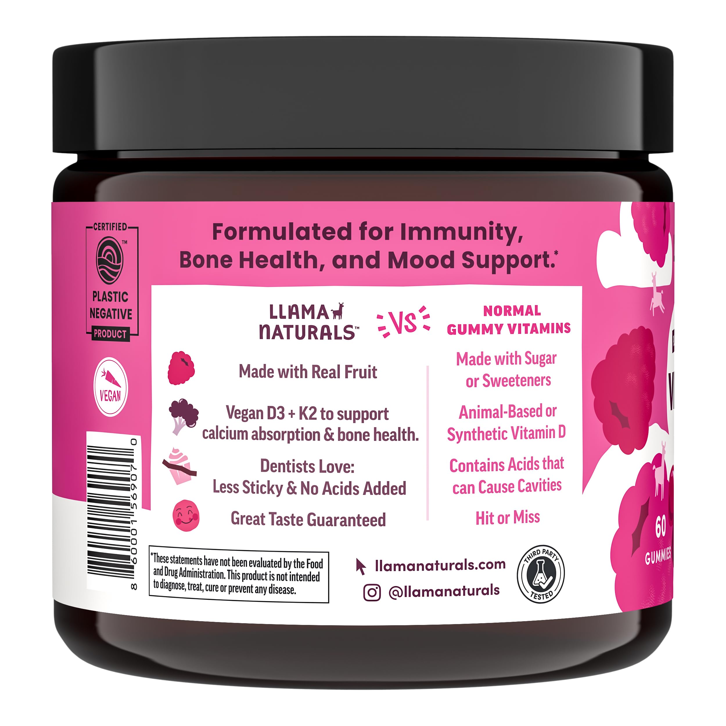 Llama Naturals Vitamin D3, Vegan, Organic Immune Support Supplement, Vitamin D Gummies for Adults and Kids, Real Fruit Gummy Vitamins, Promotes Bone Health, No Added Sugar Cane, Raspberry, 60 Ct — Amazon image 2