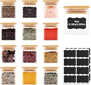 Glass Food Storage Jars Square 4oz, 12 Pack Glass Jars With Bamboo Lids, Kitchen Storage Containers For Spice, Candy, Cookie, Storage For Pantry Organizers