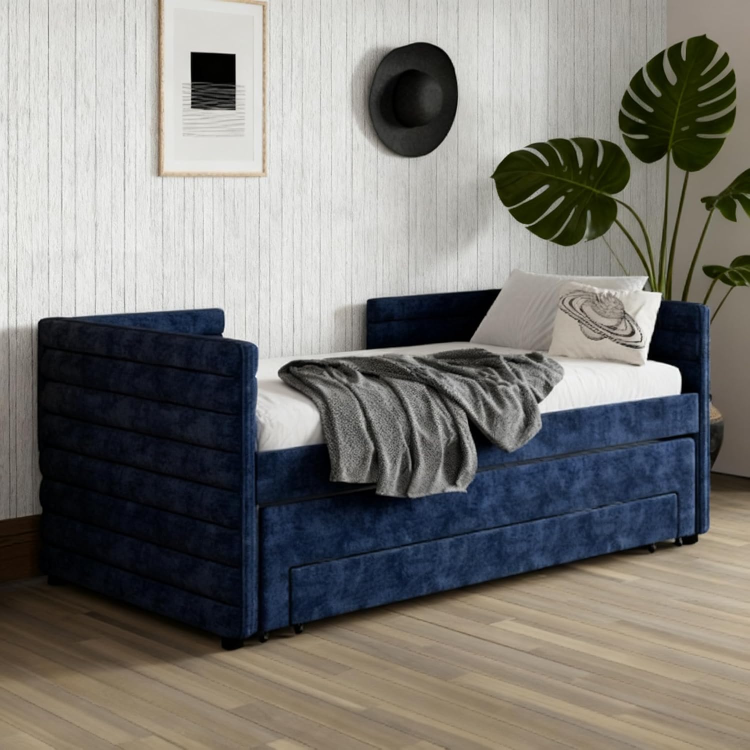 Twin Size Upholstered Daybed with Drawers and Trundle, Linen Upholstered Daybed Frame with Storage for Bedroom, Living Room,Guest Room, Dark Blue