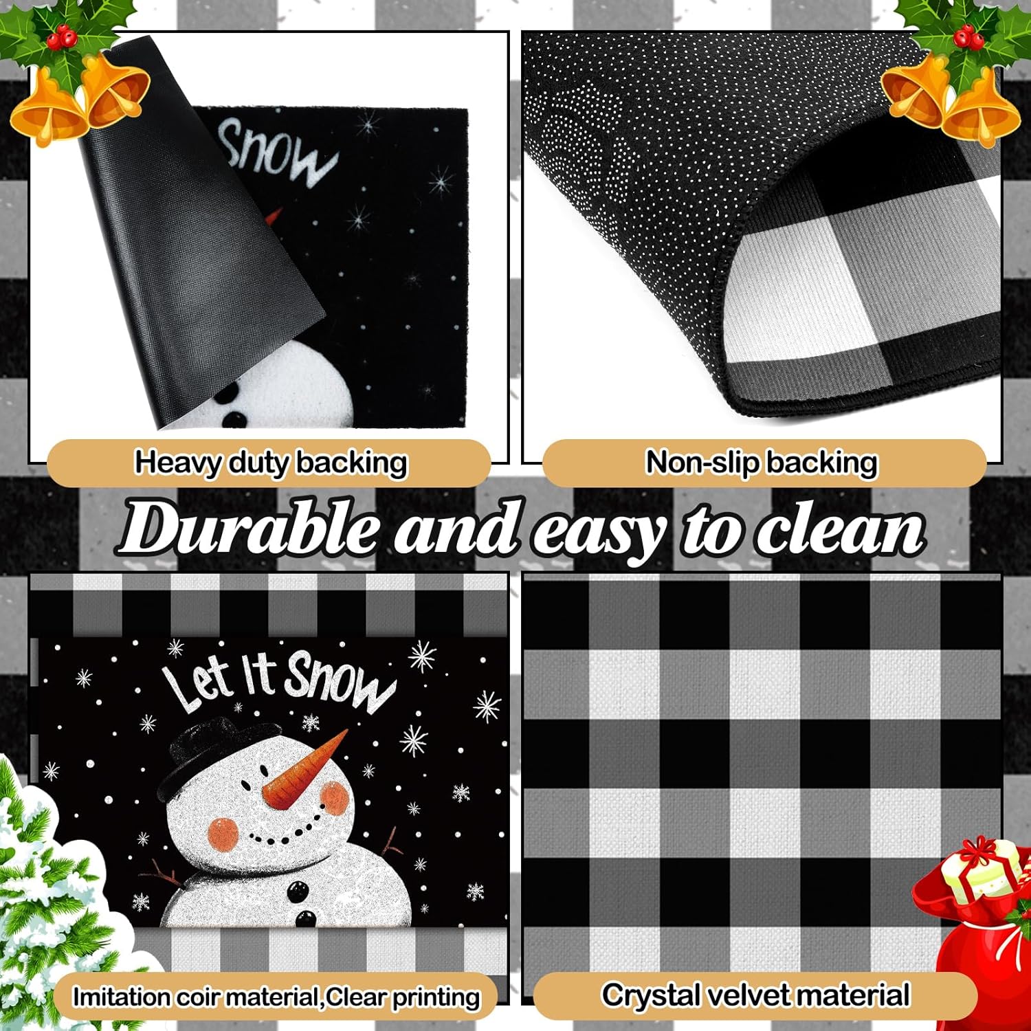 Fourluoo 2 Pcs Winter Front Porch Rug Snowman Winter Door Mat Imitation Coco Coir Snowman Outdoor Rug Buffalo Plaid Layering Welcome Mat for Outdoor Home Festival Holiday Decor, 28 x 43 Inch