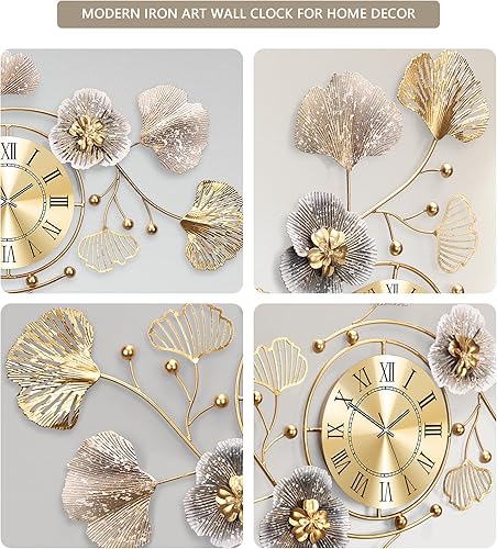 Miniatura 6 de Relojes para sala de estar, reloj de pared grande, reloj de pared silencioso 3D, diseño retro de hoja de ginkgo de metal, para dormitorio, cocina,