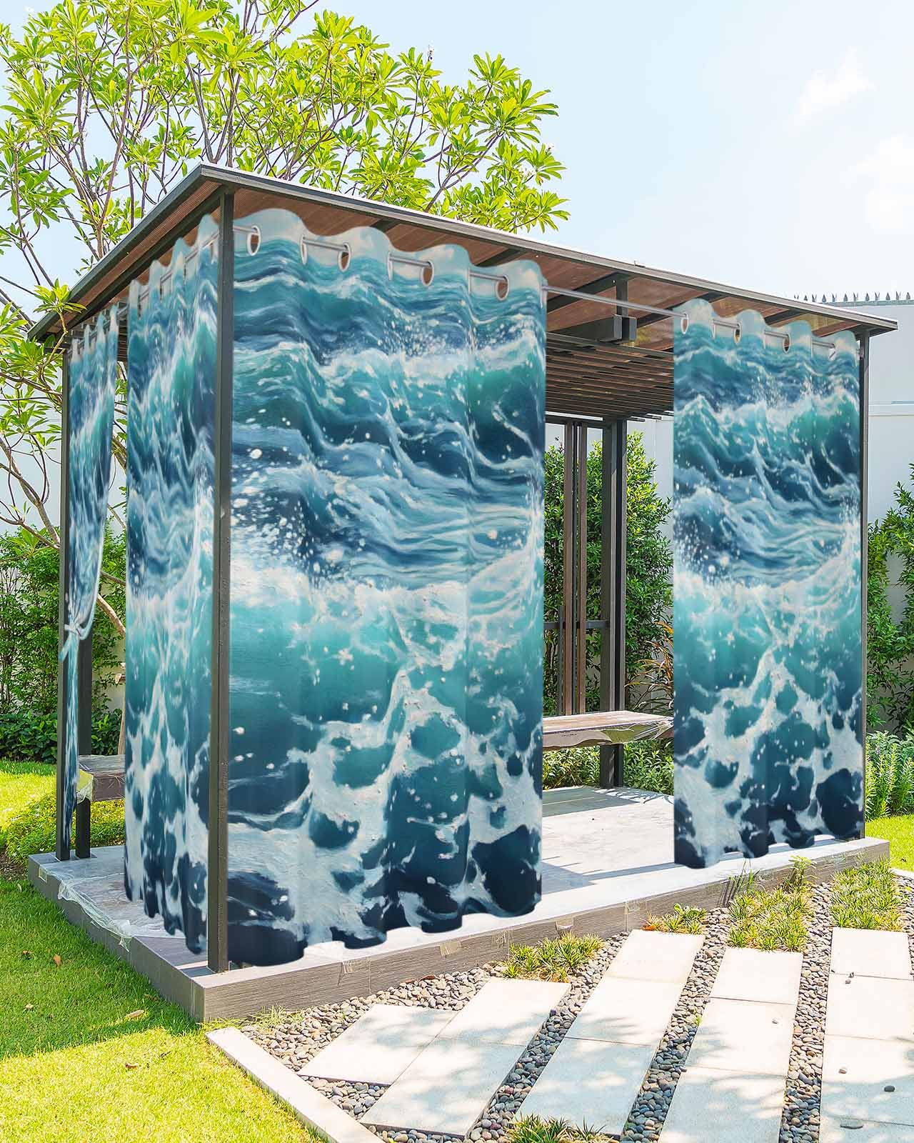Litter Star Waterproof Outdoor Curtains for Patio Porch, Summer Seaside Watercolor Wavy Grommet Curtain Panel Windproof Outside Curtains Tieback, Teal Ocean Seamless Weighted Window Treatment Drapes