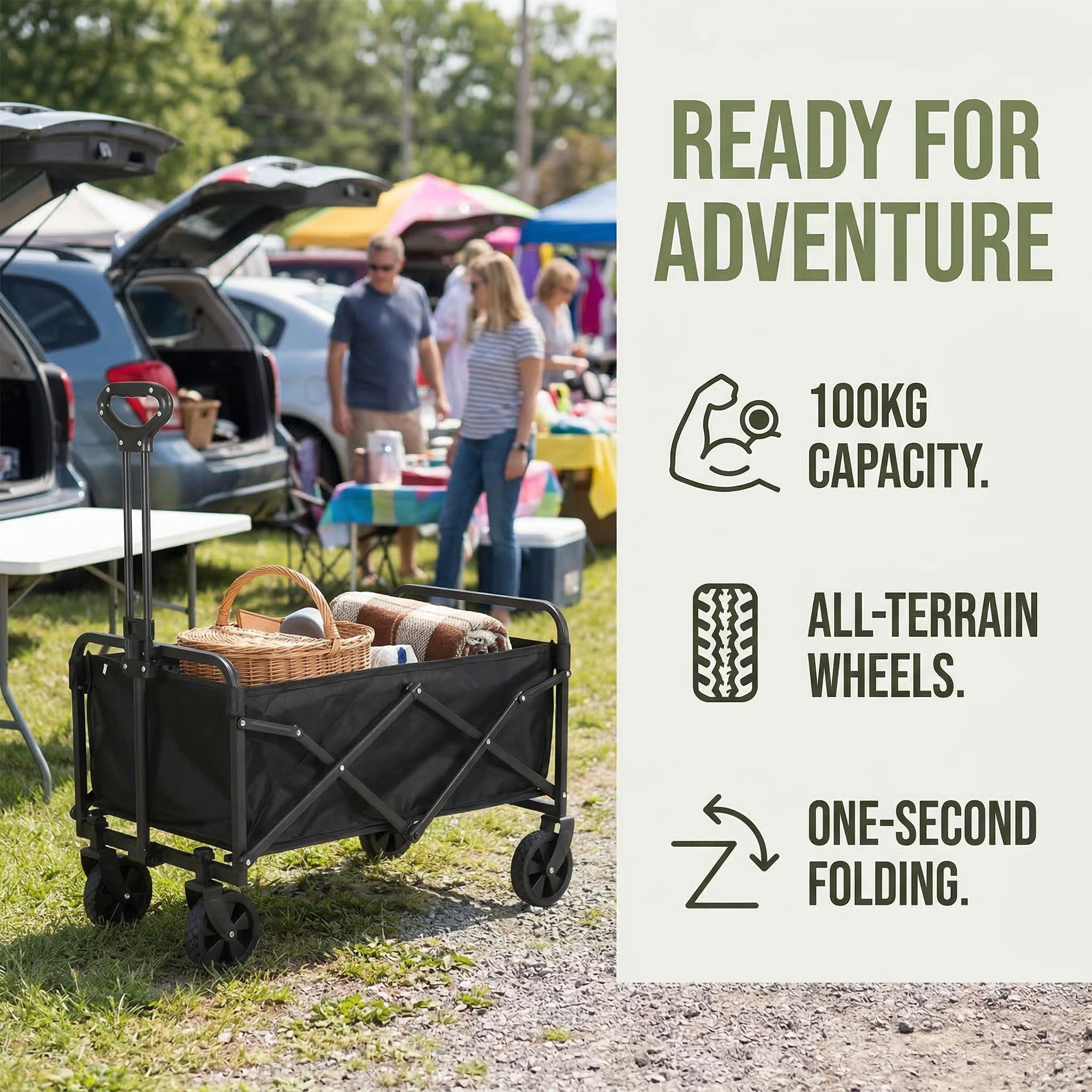 Festivalwagen auf Rädern: Faltbarer Bollerwagen – 151L Kapazität für Outdoor-Use – Beach Cart mit verstellbarem Griff – Camping- und Einkaufswagen (Schwarz)