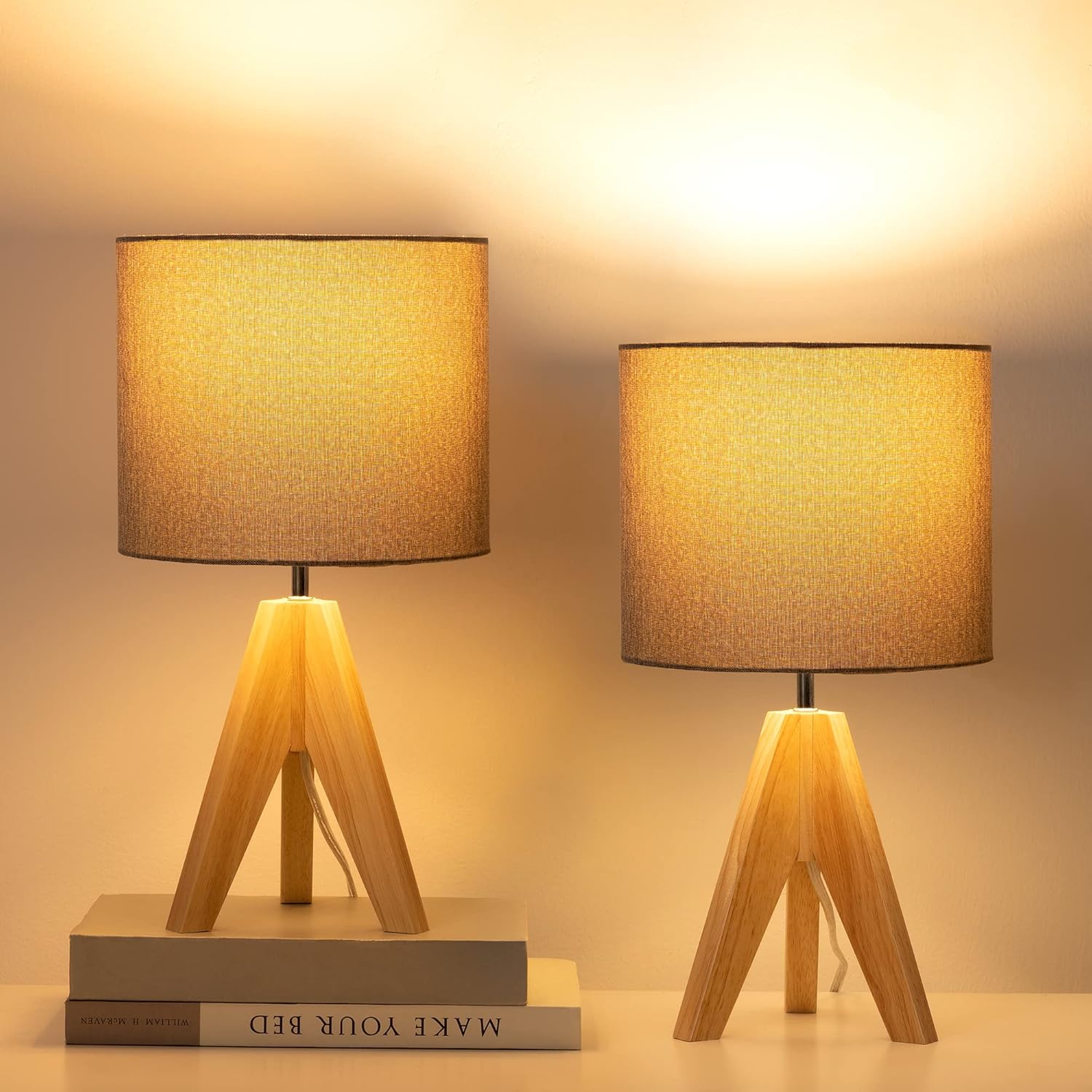 DEWENWILS Small Table Lamp, Wooden Tripod Table Lamp with White Linen ...