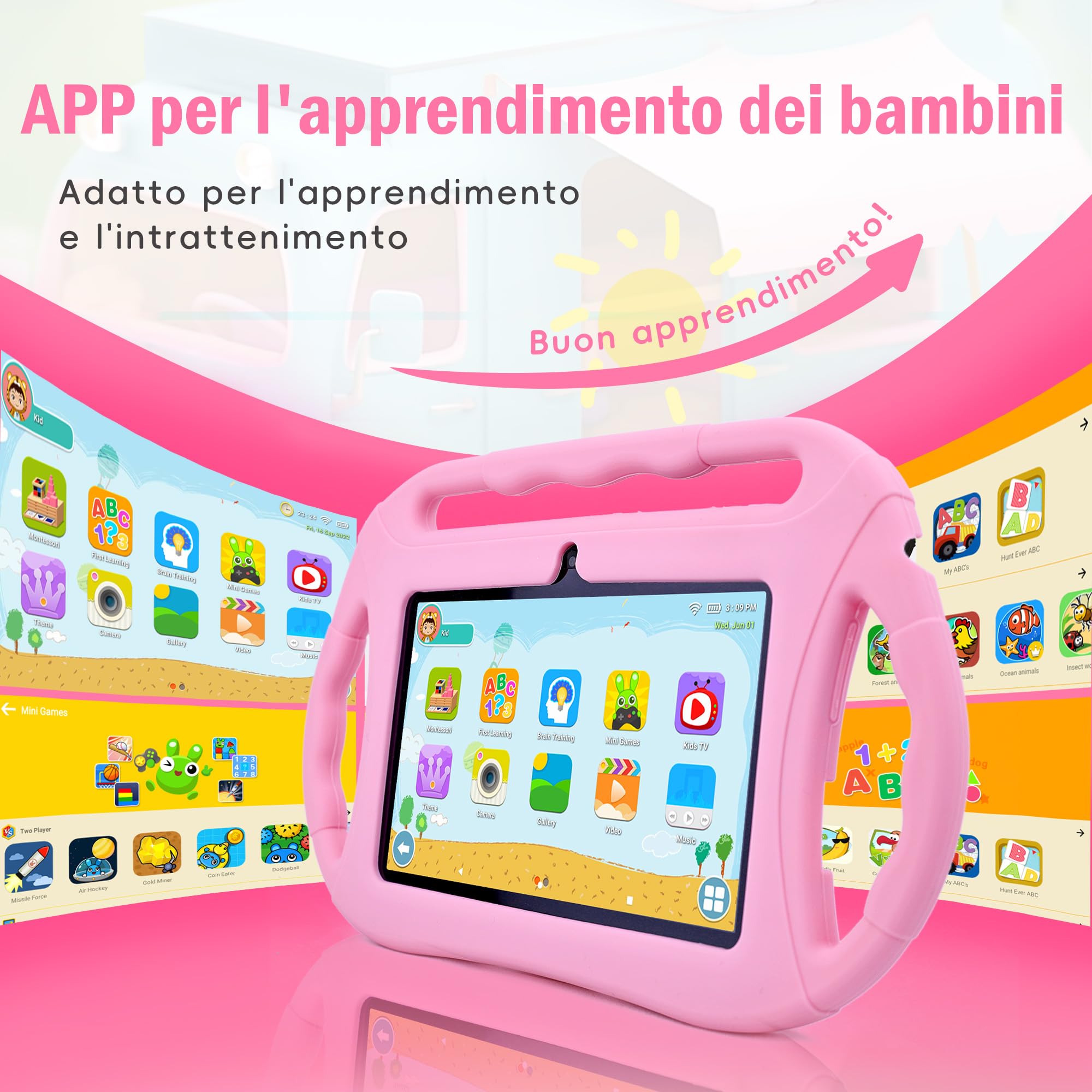 Veidoo Tablet per bambini da 7 pollici, tablet Android, 2GB RAM 32GB ROM, WiFi, schermo HD, applicazioni preinstallate con controllo parentale, giochi, tablet educativo, Rosa